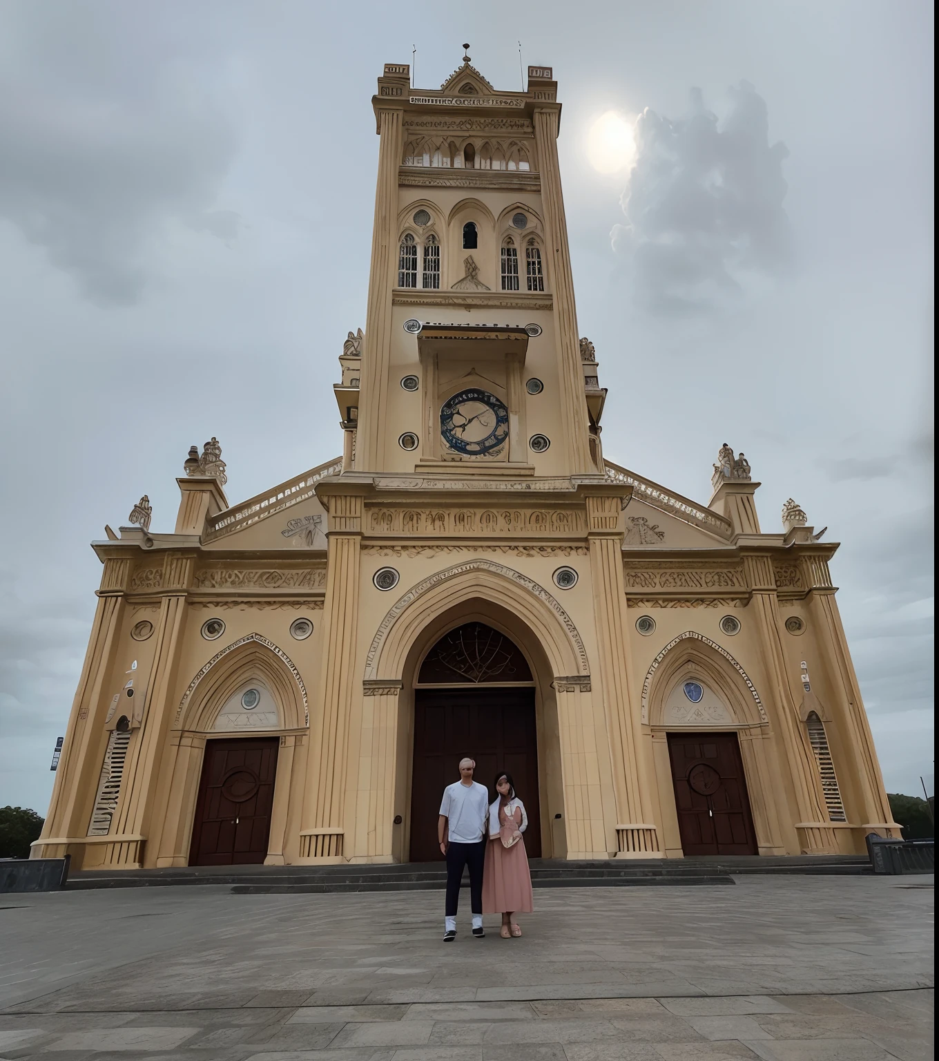 there are two people standing in front of a church with a clock tower, cathedral!!!!!, photo taken in 2 0 2 0, cathedral, taken with sony alpha 9, church cathedral, holy place, taken in 2 0 2 0, standing in a church, in a large cathedral, taken on iphone 14 pro, taken on iphone 1 3 pro, frontview