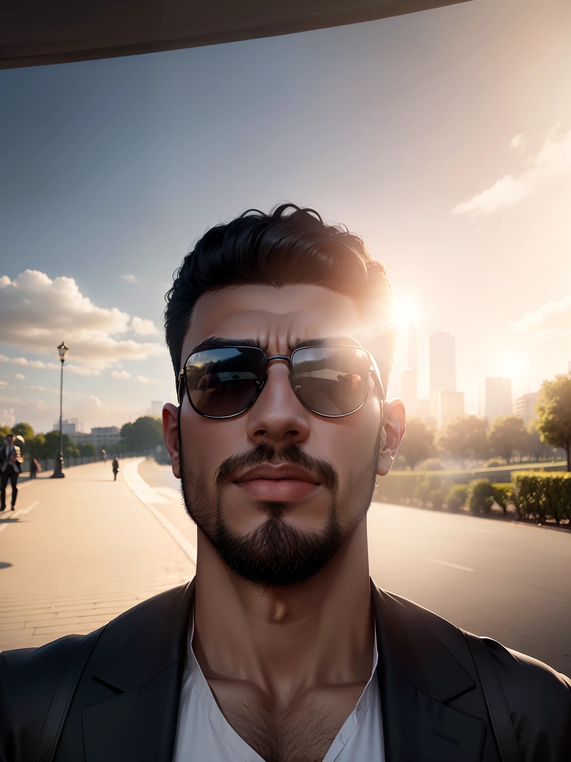 man in park, wearing black formal dress, sunglasses