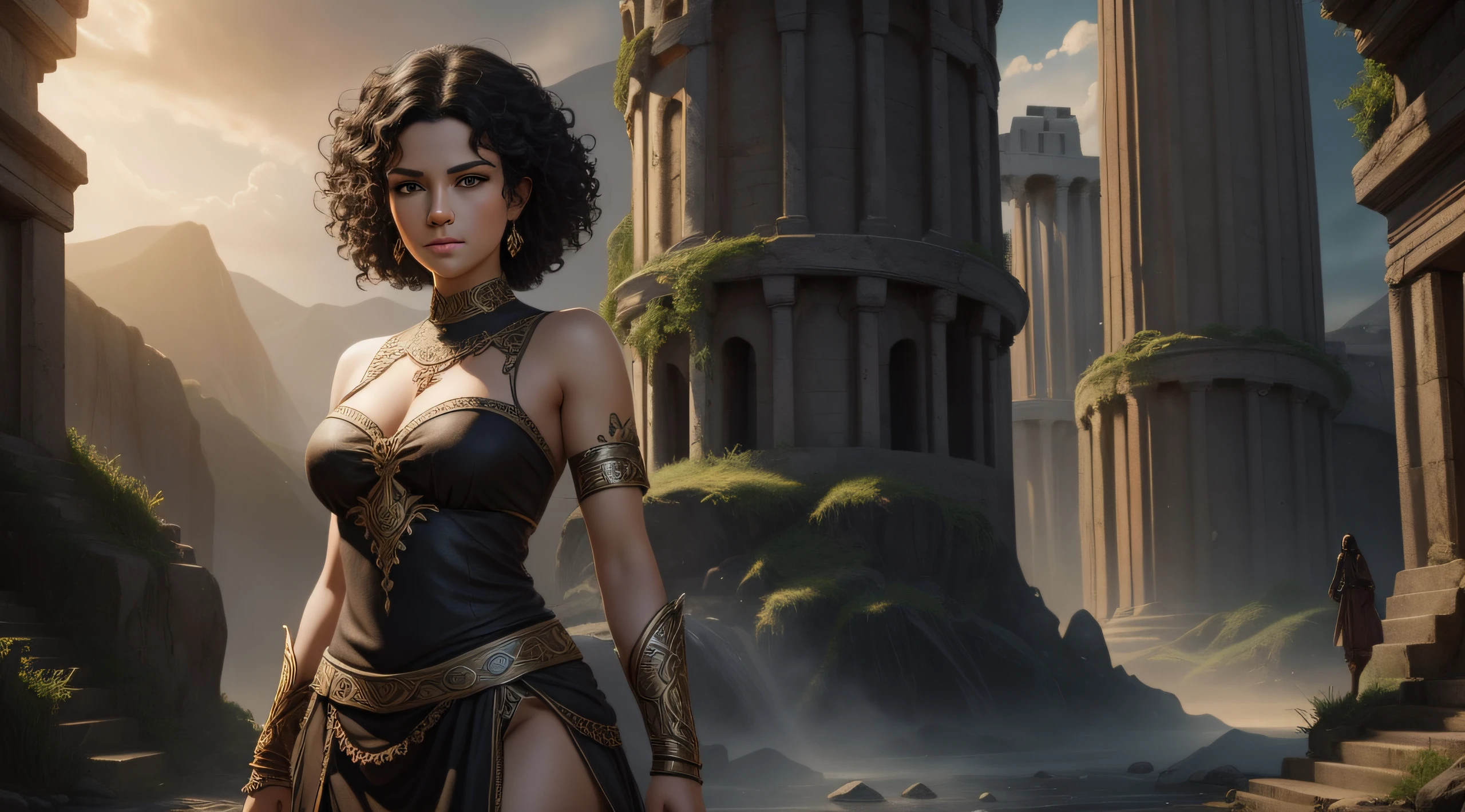 26 years old beautiful princess with black very short curly hair, ivory skin, large light brown eyes in antic Greek dress, full body, fantasy concept art portrait, Deep detailed, 8k entire character with smirk, epic fantasy art portrait, epic fantasy digital art style, 4k fantasy art, detailed matte fantasy portrait, detailed fantasy digital art, epic fantasy art style HD whole body, realistic, cinematic, digital art, digital photography, realistic HDR
