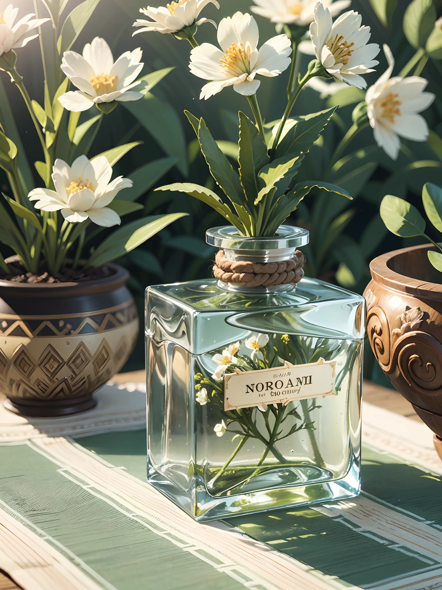 A bottle of expensive perfume surrounded by flowers, top advertising, luxury, morning light, Nori Inoguchi photography,focus on bottle, product photography, commercial photography, stunning, attractive, super realistic --auto --s2