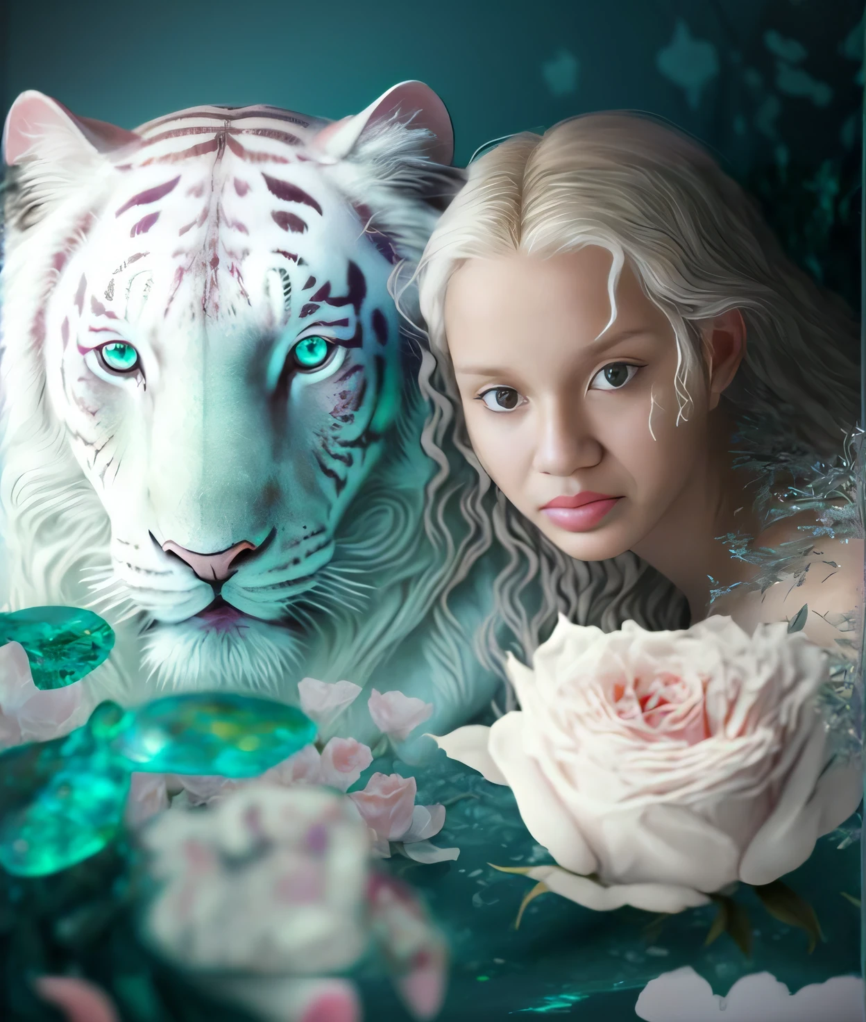 Blonde woman with white and pink pink tiger in water, tigre branco, lindo arte digital, bela arte digital, airbrush digital oil painting, bela arte digital, beautiful animal pearl queen, linda arte digital linda, exquisite digital illustration, lindo pintura digital, arte digital muito bonita, digital airbrush painting, airbrush digital art, bela fantasia, retrato bonito da arte da fantasia