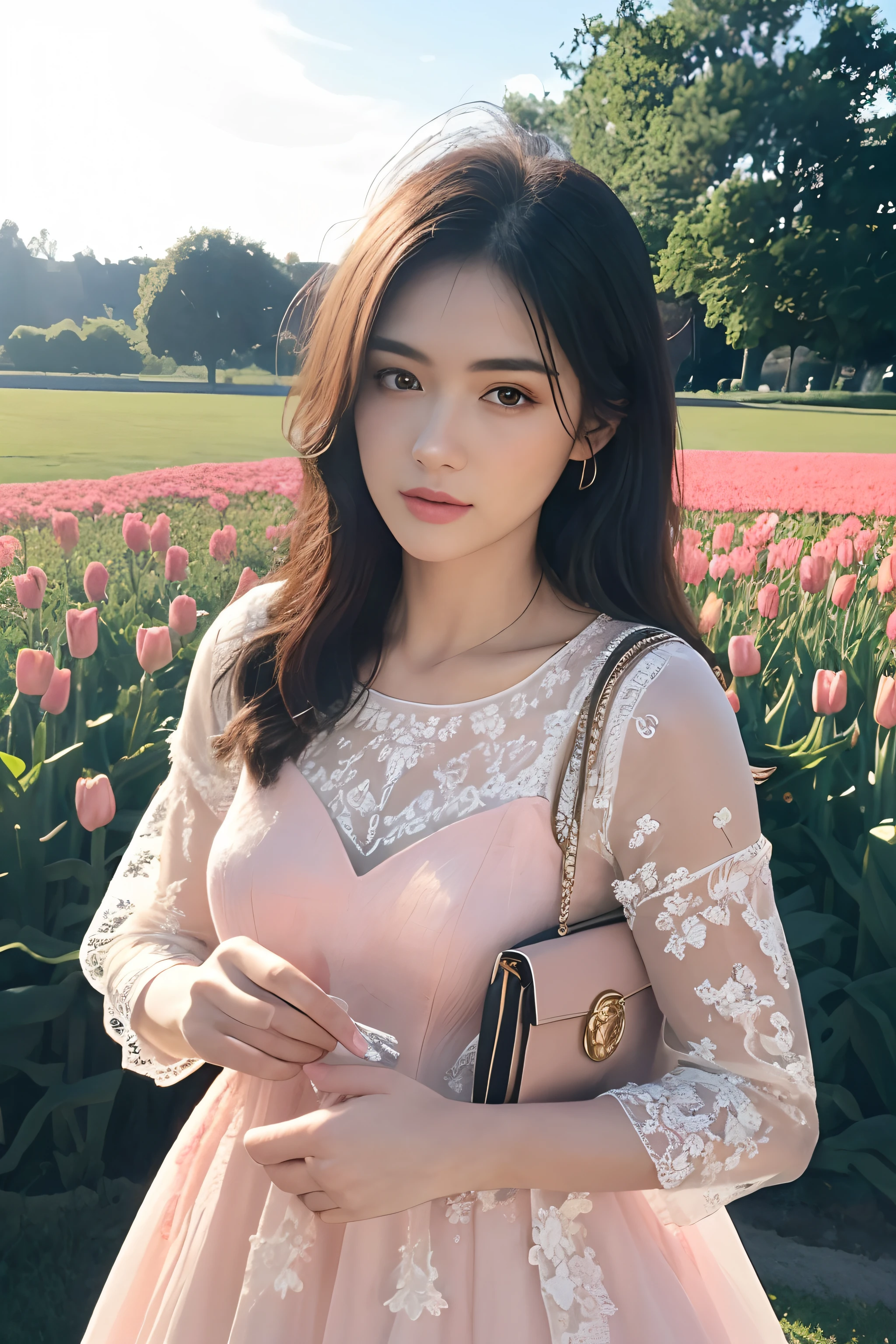 (8k, best quality, masterpiece:1.2),(realistic, photo-realistic:1.37),ultra-detailed,beautiful devil,upper body,face the front,looking at viewer,wearing pink lace dress, blace versace bag on her shoulder. in tulip field.