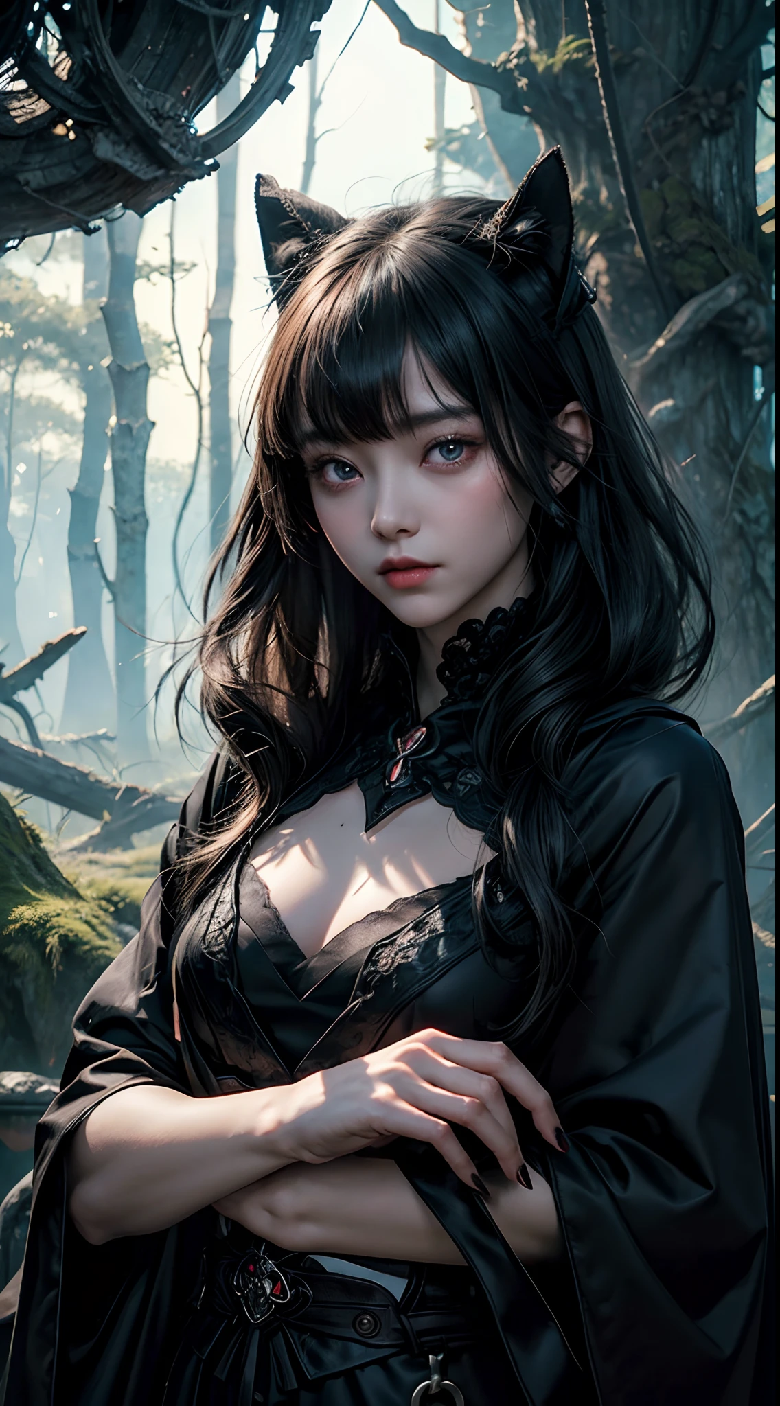 (8K, Raw photography, top-quality, ​masterpiece:1.2),  One Woman、Japan at the age of 18,fullllbody.{scinematic angle、Wide Angle、Don't split the screen、}（Realistic Skins 1.4）、（（（Dracula、Black hood、Black cloak、Goth  costume、Do not show the skin、）））、（（（In the dark forest、Pitch black night、Deep fog）））（（Blood dripping from the mouth、Red Eyes、Black and long nails））、50mm Lens、30mm film、wide angles、（long、straight haired、）、（A dark-haired、The forehead is hidden by bangs、）、Black eyes、shinny skin.Beautiful delicate face、Beautiful delicate eyes、｛tiny chest、small tits、muscular body、｝、