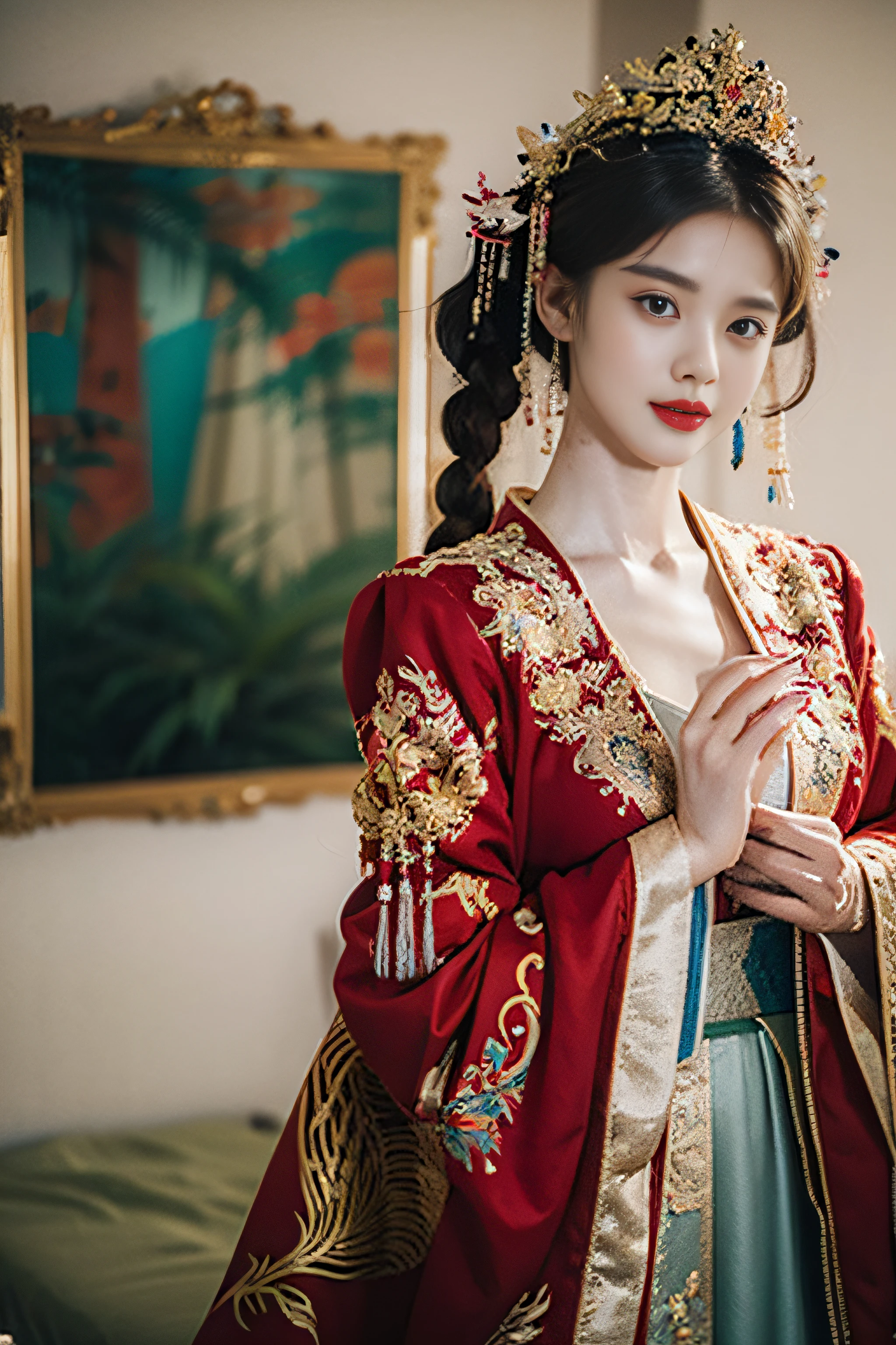 （Ultra-realistic 8k CG：1.2）,（Unbeatable masterpiece，Best quality at best：1.2）,Full body photo，are standing，A woman in a red and gold dress，Phoenix crown，hair stick，Be red in the face，is shy，black_hair，（forehead dot），chinese_clothes，耳Nipple Ring，hair_ornament，Hanfu，inside in room， jewely，rednails，long_sleeves，reddress，Redlip，nipple tassels，Long legs