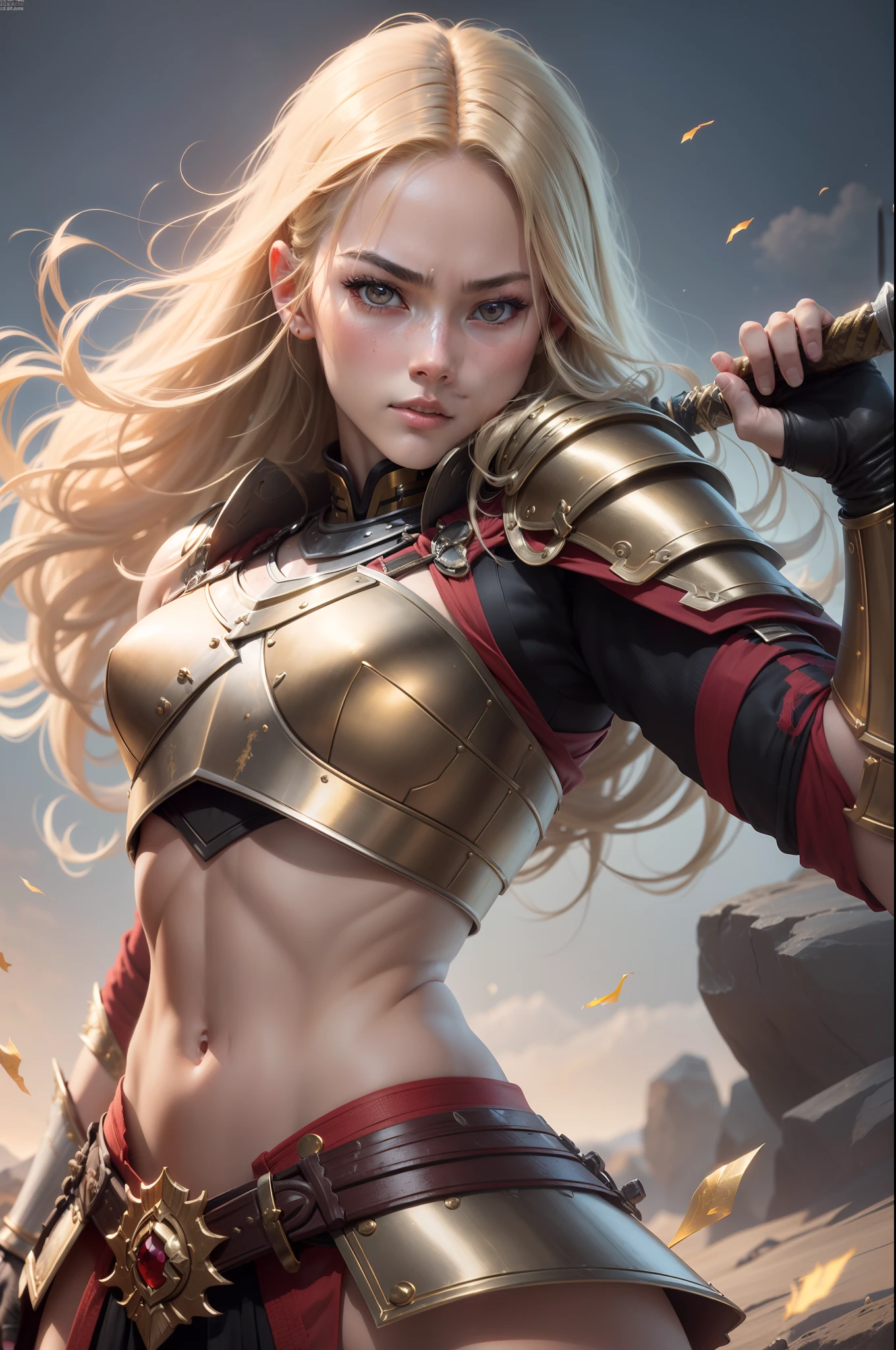 (8K,Photorealsitic Raw photography top-quality;1.4) (1girl in) Super beauty (Lifelike face) Muscular and macho female body (Long gold hair) Hold the sword correctly Black and red Japan samurai armor Beautiful expression glareing (real looking skin) (Warrior) enticing 超A high resolution A hyper-realistic high detal fully body photo Rocky wilderness Dull glowing sword