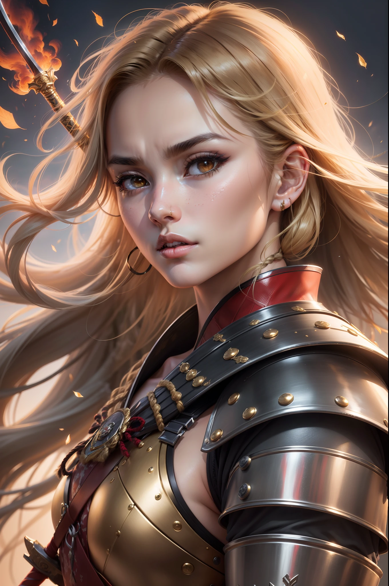 (8K,Photorealsitic Raw photography top-quality;1.4) (1girl in) Super beauty (Lifelike face) Muscular and macho female body (Long gold hair) Hold the sword correctly Black and red Japan samurai armor Beautiful expression glareing (real looking skin) (Warrior) enticing 超A high resolution A hyper-realistic high detal fully body photo Rocky wilderness Dull glowing sword