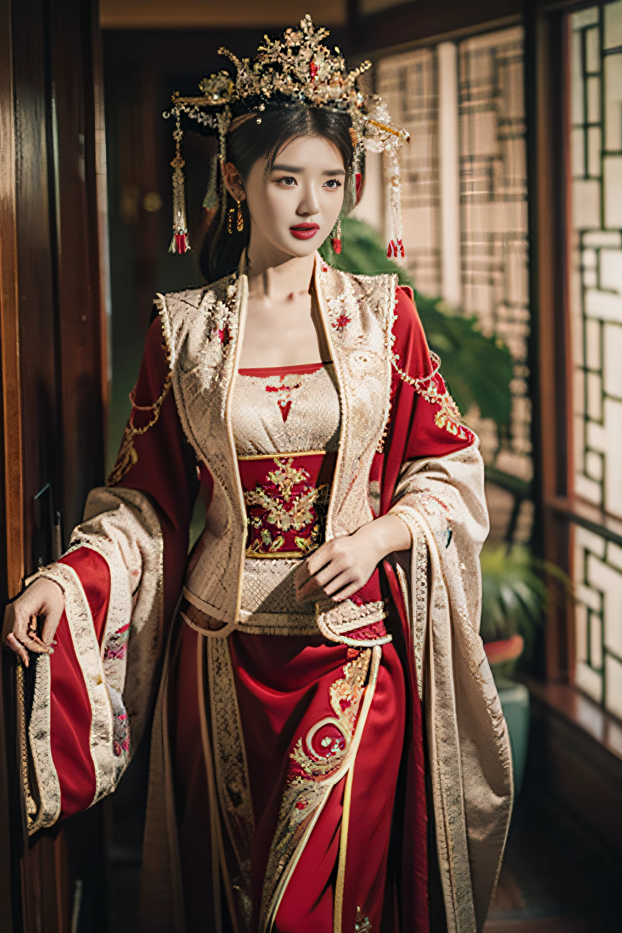 （Ultra-realistic 8k CG：1.2）,（Unbeatable masterpiece，Best quality at best：1.2）,Full body photo，are standing，A woman in a red and gold dress，Phoenix crown，hair stick，Be red in the face，is shy，black_hair，（forehead dot），chinese_clothes，耳Nipple Ring，hair_ornament，Hanfu，inside in room， jewely，rednails，long_sleeves，reddress，Redlip，nipple tassels，Long legs