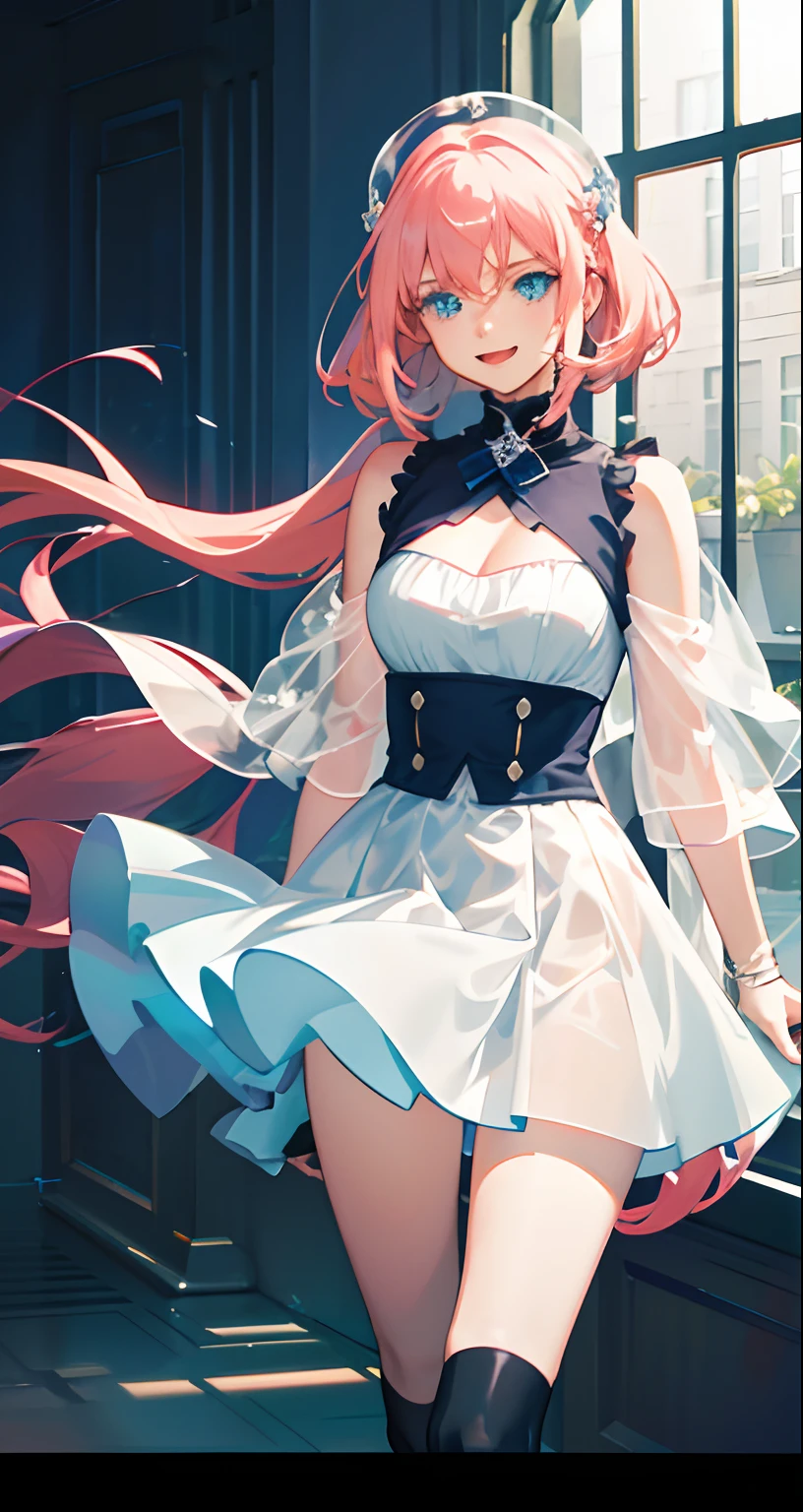 tmasterpiece,best qualtiy,cinematic Film still from,1girl,Kizi,(closeup cleavage:1.1),brightly,cheerfulness,intriguing,gentlesoftlighting,(bauhause,shape,lineworks,abstracted:1.1),A pink-haired,White arm-wrapped skirt,Long legs,see-through transparent clothes,Raised sexy,enchanting,spread thighs,Mouth open,blue color eyes,dual horsetail