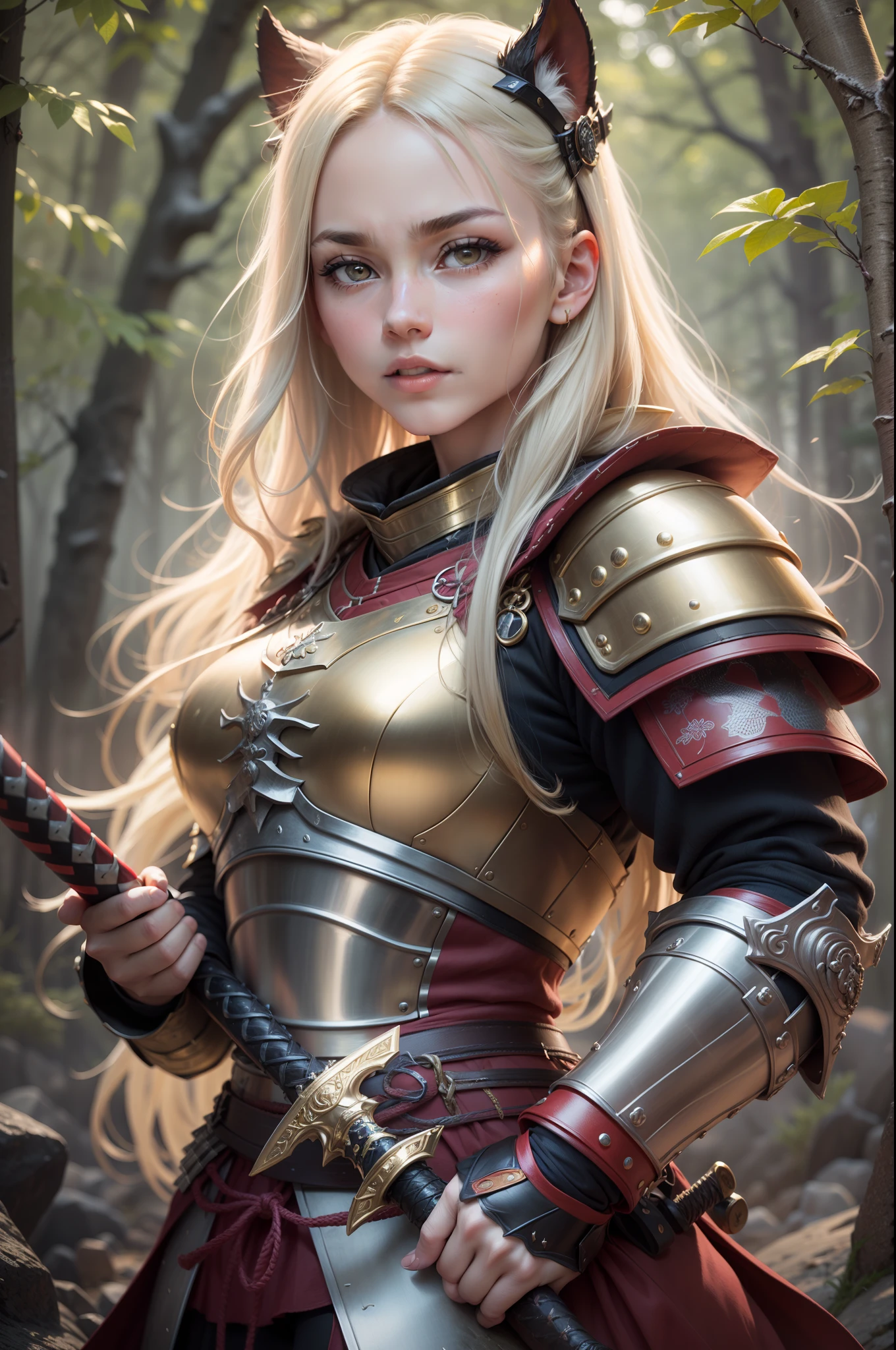 (8K,Photorealsitic　Raw photography　top-quality;1.4) 　(1girl in)　Super beauty　(Lifelike face)　Muscular and macho female body　(Long gold hair)　Hold the sword correctly　Black and red Japan samurai armor　Beautiful expression　glareing　(real looking skin)　(Warrior)　enticing　超A high resolution　A hyper-realistic　high detal　fully body photo　Rocky wilderness　Dull glowing sword