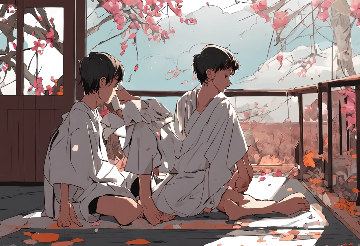 2boys, oral/, , gokkun, robe, closed eyes, cross-laced_footwear,