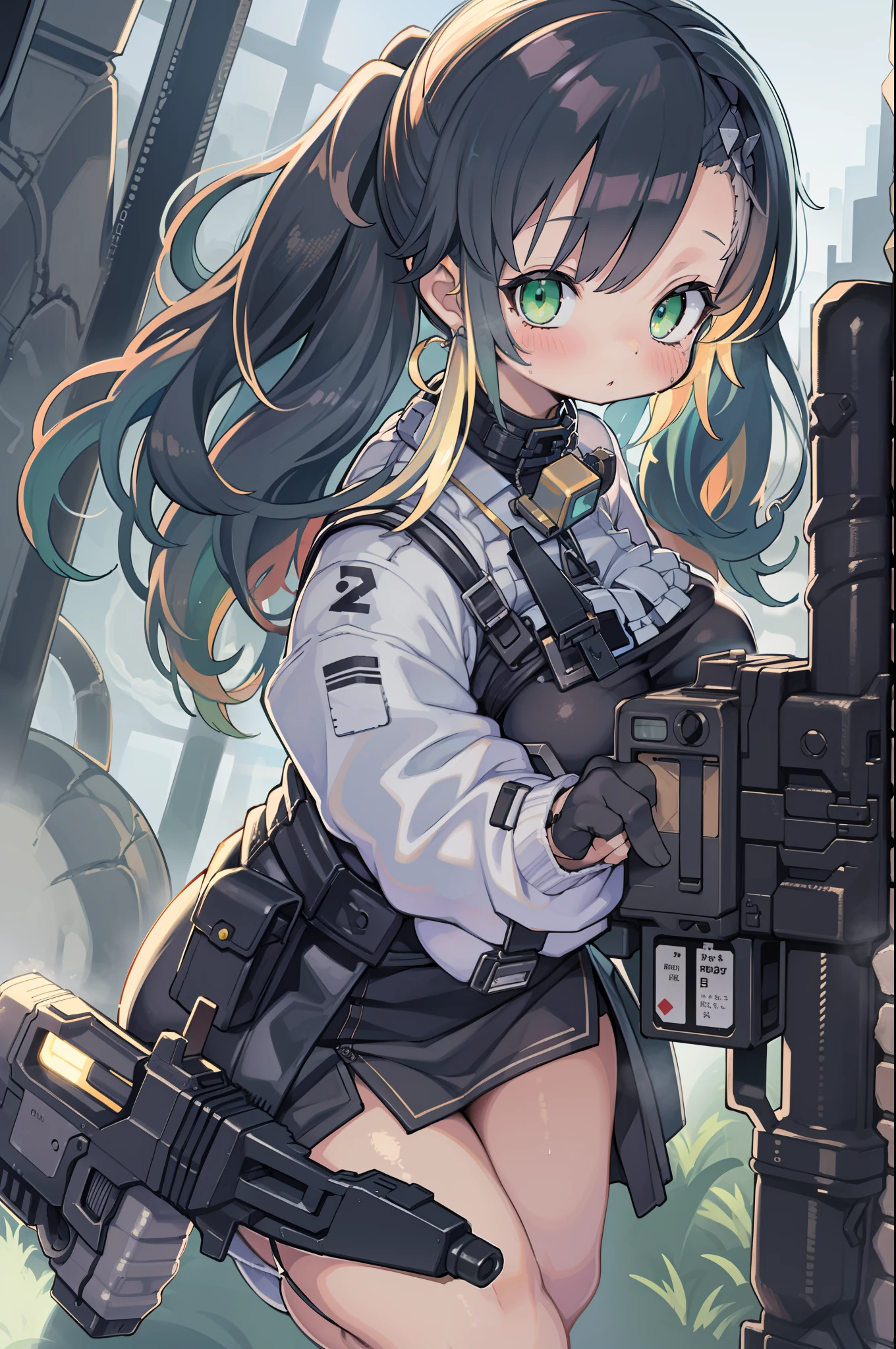 assault rifle、Long sideburns、Anime-style girl with beautiful whole body, clean detailed faces, ciber,analogous colors, Glowing shadows, beautiful gradients, depth of fields, CLEAN IMAGE, High quality,Black Parker Clothing、 high detailing, High Definition, blush, Fit, Heavenly Beauty, Very detailed, Soft lighting, Full body,Green&Black hair,Green eyes、huge-breasted