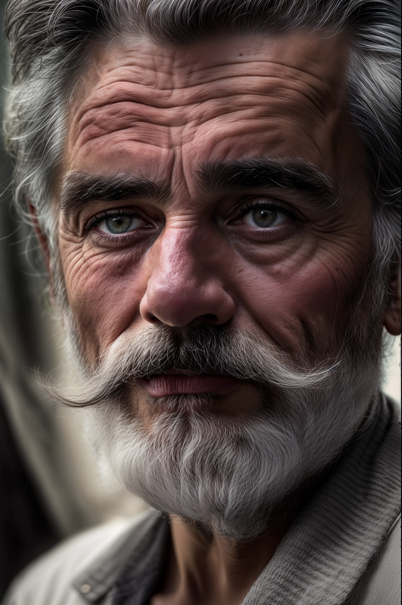 a close up of a man with a mustache and a moustache, old man portrait, dramatic portrait, gritty portrait, portrait photo of an old man, by Ibrahim Kodra, rugged face, close up portrait photo, wrinkled face, face of a man, emotive portrait, face portrait, by Nabil Kanso, dramatic portraiture of namenlos, black and white, ultra-realistic, photorealism, cinematic light, crystal clear image, photorealistic, Surrealism, 8k, super detail, Micro-details