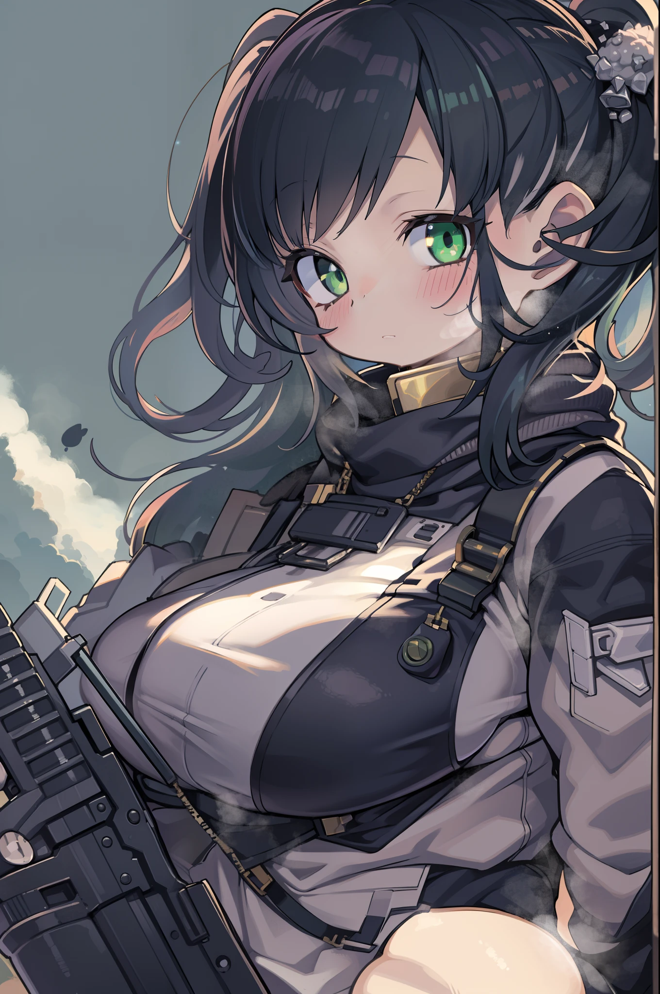 assault rifle、Long sideburns、Anime-style girl with beautiful whole body, clean detailed faces, ciber,analogous colors, Glowing shadows, beautiful gradients, depth of fields, CLEAN IMAGE, High quality,Black Parker Clothing、 high detailing, High Definition, blush, Fit, Heavenly Beauty, Very detailed, Soft lighting, Full body,Green＆Black hair,Green eyes、huge-breasted