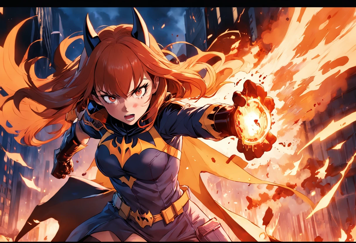 Batgirl, Close up, 1girl, Fighting crime in Gotham, Bloody from battle, Fire and smoke surround her.