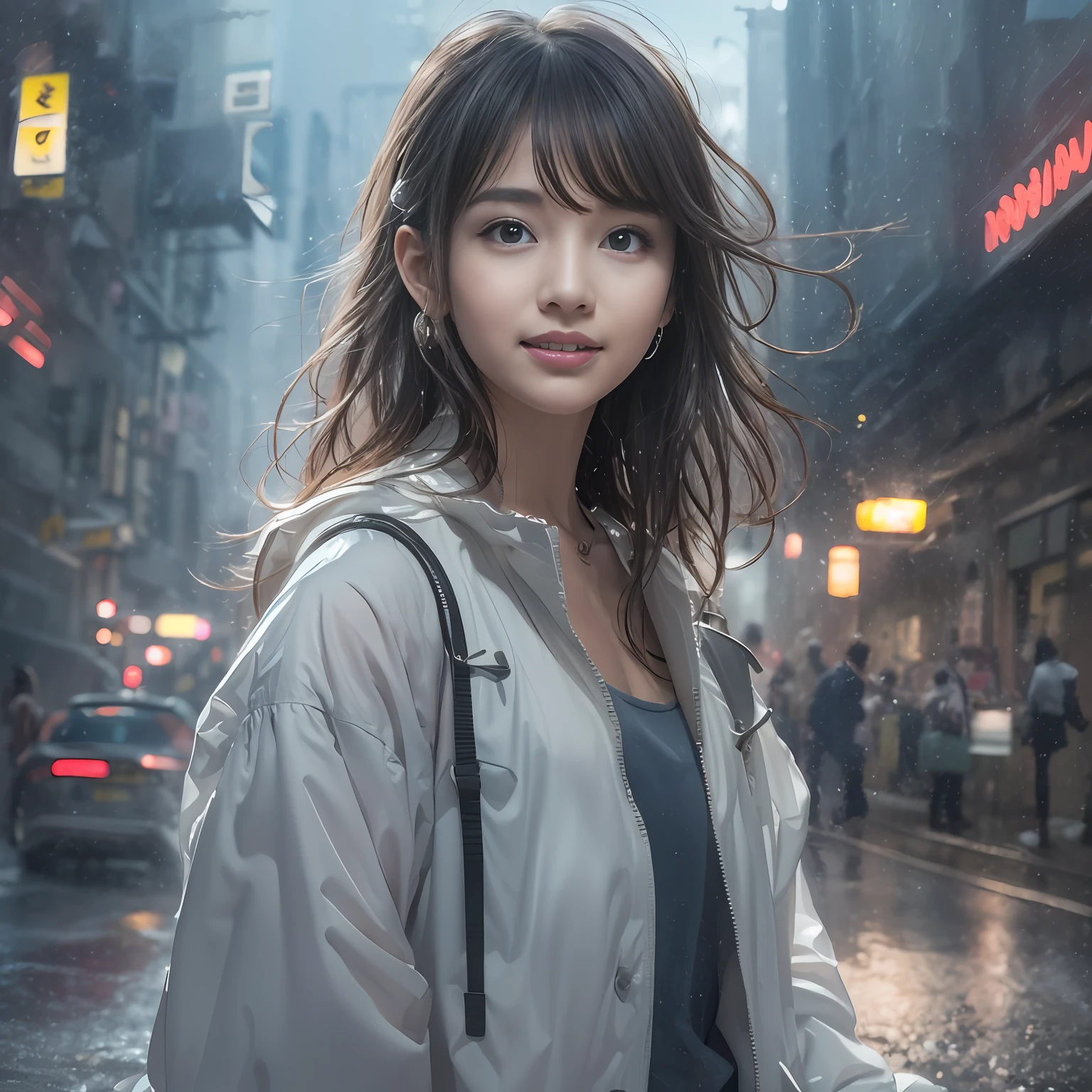 Dance、Artistic jump、break dance、Strenuous movements、vibrancy、Cyberpunk Style、Blade Runner vibe、Steam flows from exhaust outlets on the road surface、The road surface is wet、独奏、Fluttering hair、Cute Turtle、Beautuful Women、a small face、white skinned、hason、young 17 yght smile、half-open mouth、White teeth are visible、(Gradient of black-red hair、Long messy hair)、(cargo pants、vests、White sneakers)、(delicate detailed fingers、Detailed body、detailed arms、human hand)、(Detailed face) 、(8K、top-quality: 1.4、tmasterpiece、 hyper HD、 Top resolution,、The is very detailed、 profesional lighting、 Gray light illumination、low angle from below、Blow steam into the landscape、Fog in the landscape、Foggy、
