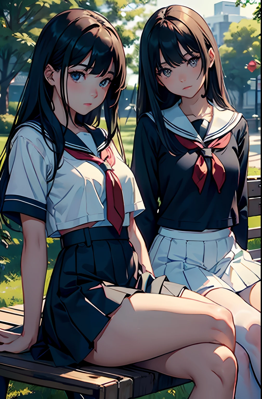 masterpiece, top-quality, Detailed details, Detailed landscapes, beatiful lights, Beautiful Shadows,(( twogirls)), 18year old,troubled look,Staring at each other,a miniskirt,look from down, detailed skin textures, Tyndall effect,sit on a bench,cross one's legs,hi-school girl、a sailor suit、Long unwound black hair、Sauce order、Small breasts、White pants