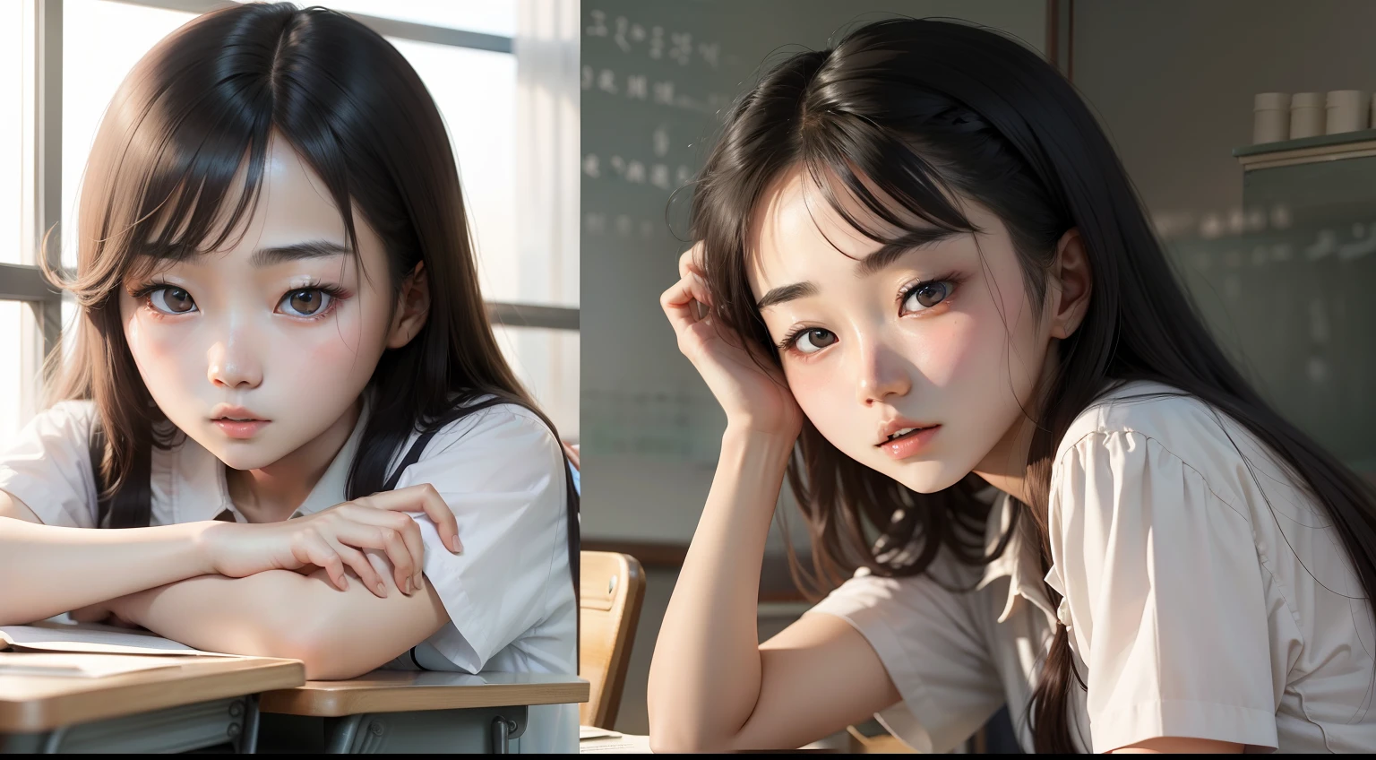 Two Korean girls,20yr old,The face is different,Delicate skin,largeeyes,In the classroom