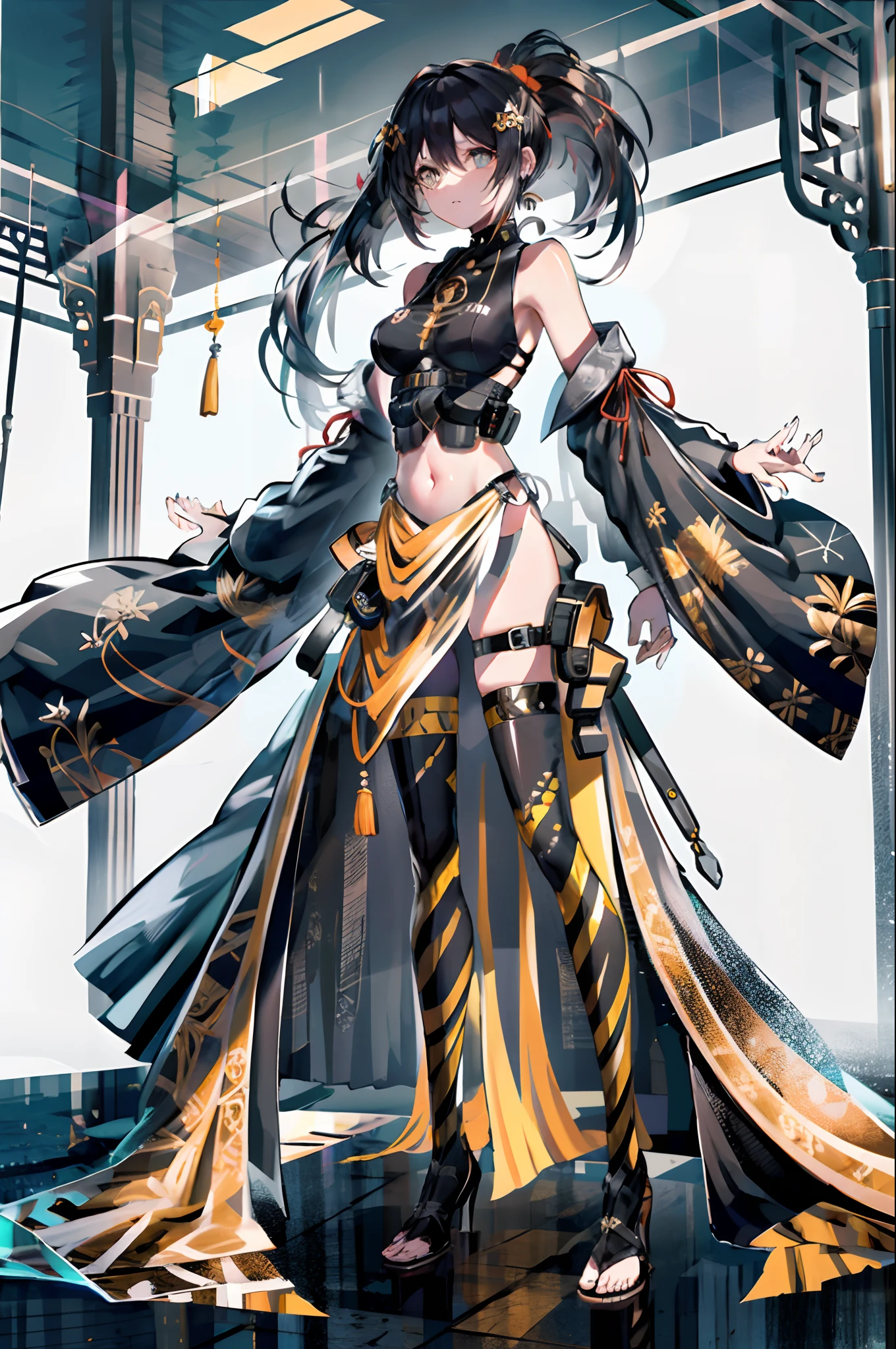 highlydetailed, ultra-detailed, (black hair:1.5), (ponytail:1.2), long hair, (orange hair accessory:0.7), amber eyes, (beautiful girl), bangs, princess hairstyle, balayage,shiny,masterpiece, best quality,,(tmasterpiece:1.2,high high quality)