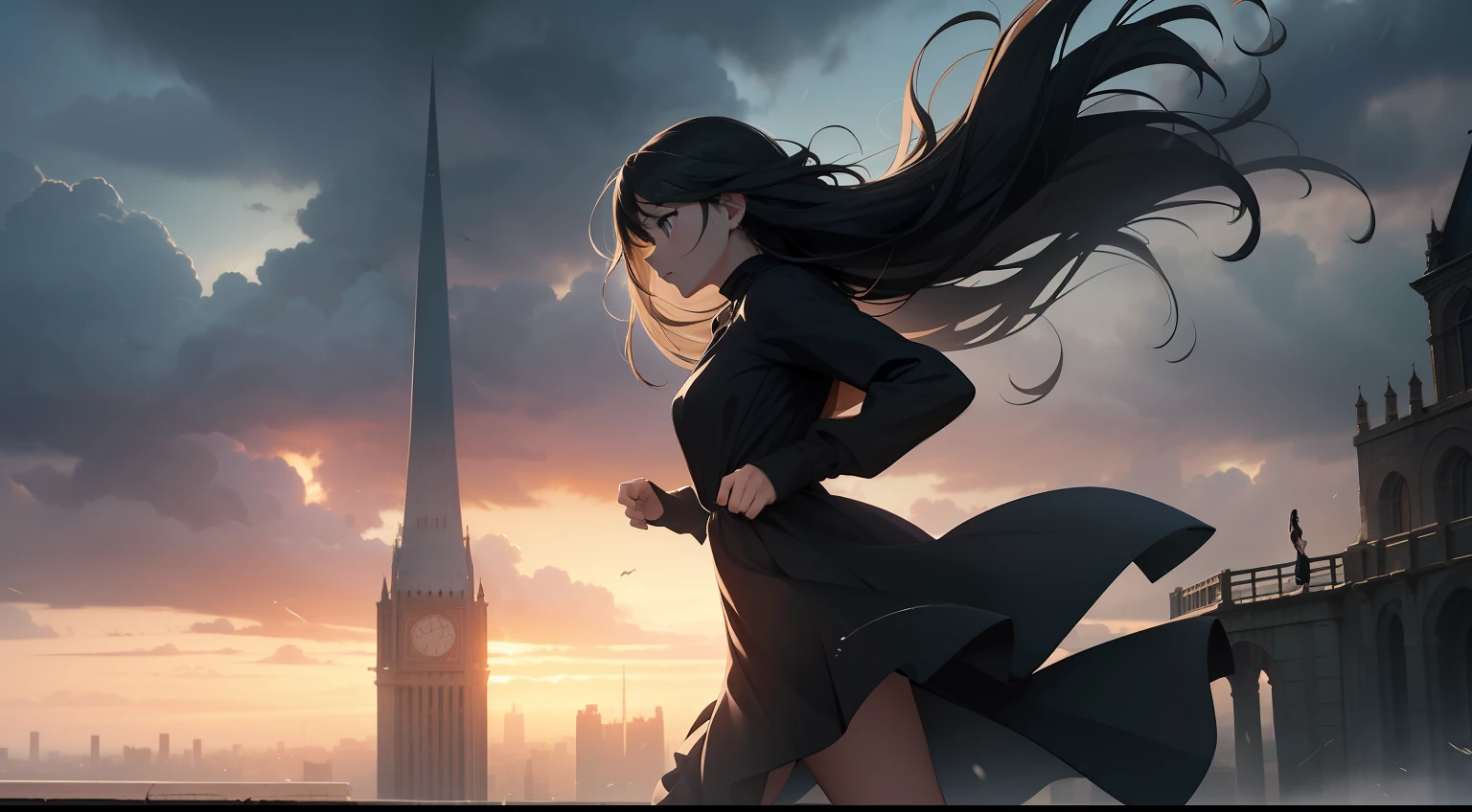 Masterpiece, High quality, With a sense of speed, Side view of a beautiful girl running so fast, A deep picture of sadness and hope, Dark clouds approaching the bottom of the Earth, A dystopian city surrounded by high walls, girl in black dress, Long hair fluttering in the wind.