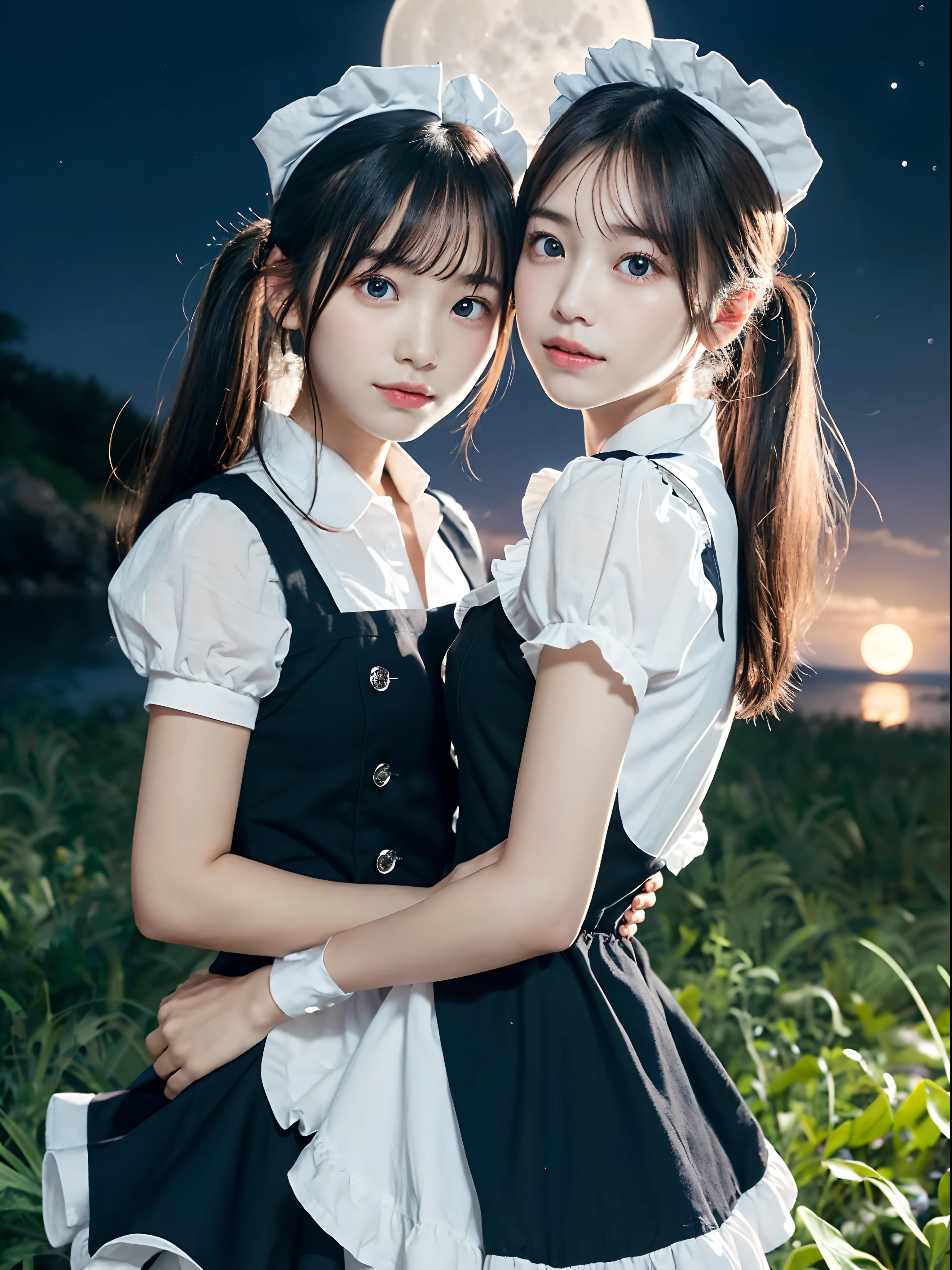 (Close up portrait of slender little breasted girl with twin-tailed hair fluttering in the wind in maid dress:1.5)、(Girl sadly looking at full moon shining in night sky:1.3)、(Full moon night sky :1.3)、(tre anatomically correct:1.3)、(complete hands:1.3)、(complete fingers:1.3)、Photorealsitic、Raw photography、masutepiece、top-quality、Hi-Res、delicate and pretty、face perfect、Beautiful detailed eyes、Fair skin、Real Human Skin、pores、((thin legs))、(Dark hair)