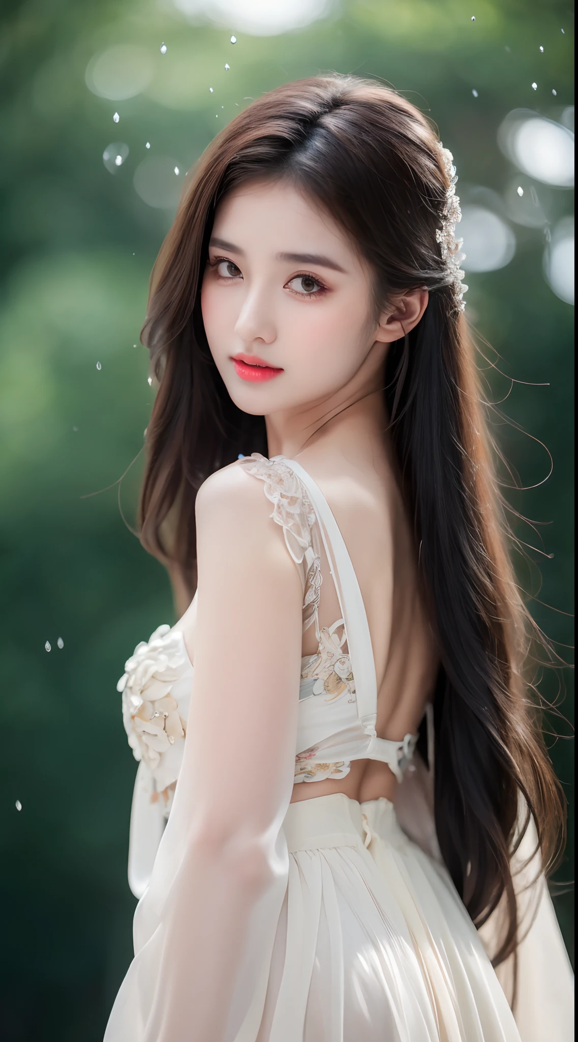 ((Best Quality, 8k, Masterpiece: 1.3)), Focus: 1.2, Perfect Body Beauty: 1.4, Buttocks: 1.2, ((Layered Haircut)), (Wet Clothes: 1.1), (Rain, Street:1.3), (Breasts: 1.2), (Hanfu: 1.2), Bare Shoulders, Bare Legs, Highly Detailed Face and Skin Texture, Fine Eyes, Double Eyelids, Whitened Skin, Long Hair, (Shut Up: 1.5), (Bokeh Background: 1.5), Big Breasts