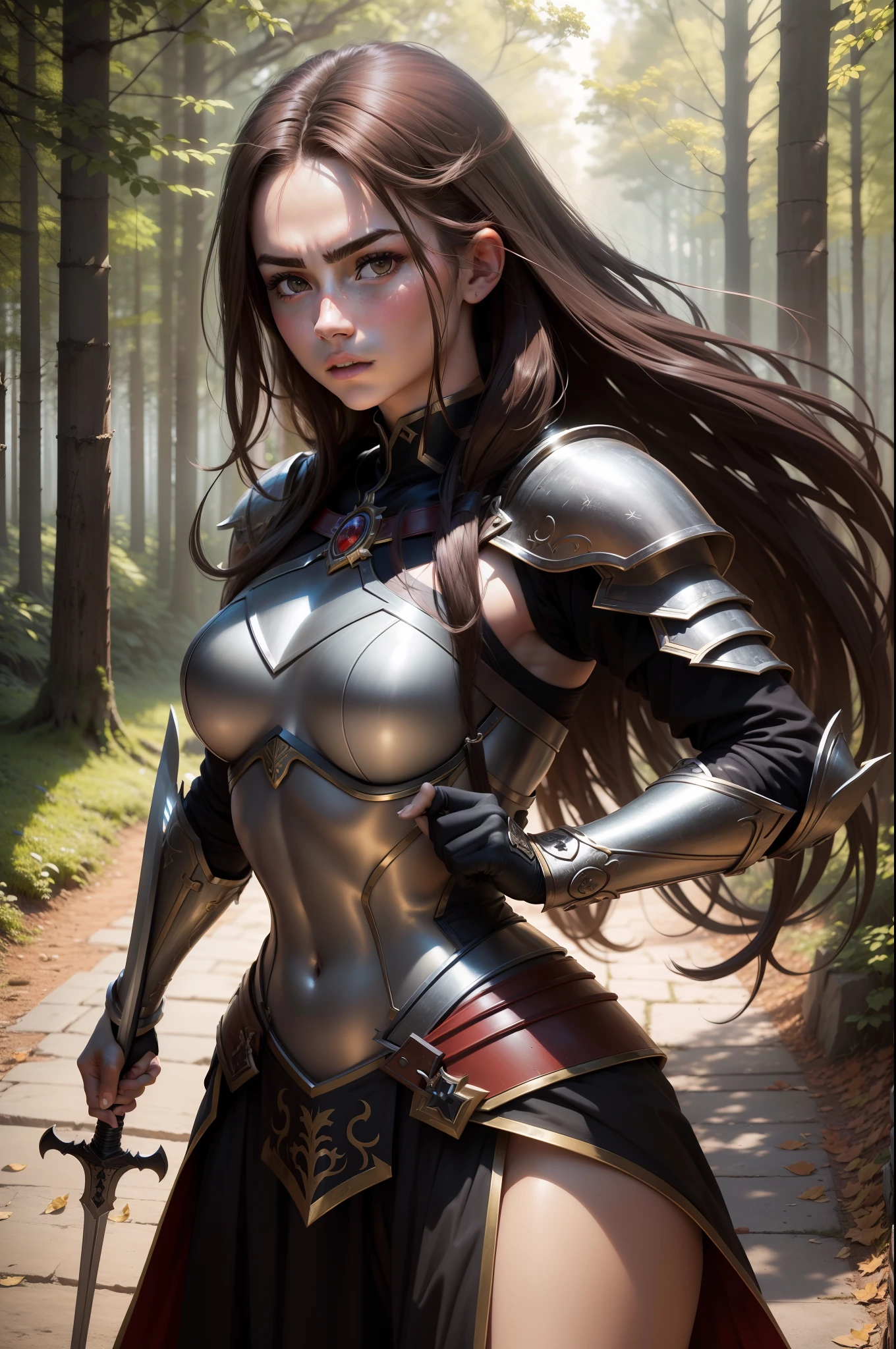 (8K,Photorealsitic Raw photography top-quality;1.4) (1girl in) Super beauty (Lifelike face) Muscular and macho female body (Brown hair long hair) Hold the sword correctly and hold it in front of you combat scene Metallic black and red armor Beautiful expression glareing (real looking skin) (Female Warrior) enticing 超A high resolution A hyper-realistic high detal fully body photo ln the forest
