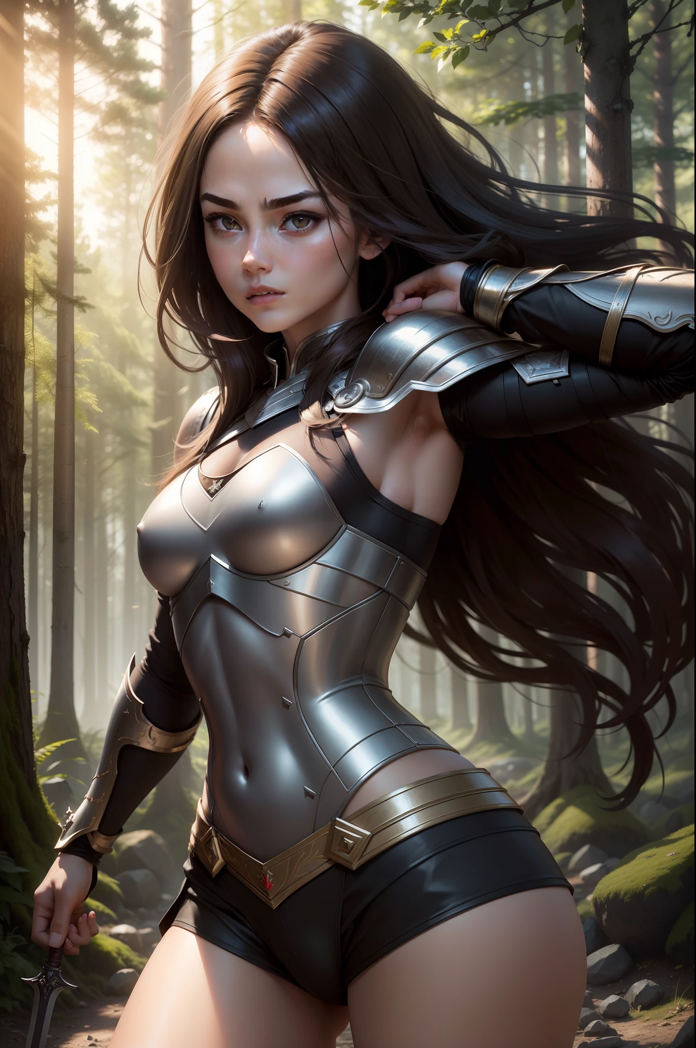(8K,Photorealsitic Raw photography top-quality;1.4) (1girl in) Super beauty (Lifelike face) Muscular and macho female body (Brown hair long hair) Hold the sword correctly and hold it in front of you combat scene Metallic black and red armor Beautiful expression glareing (real looking skin) (sorcerer) enticing 超A high resolution A hyper-realistic high detal fully body photo ln the forest
