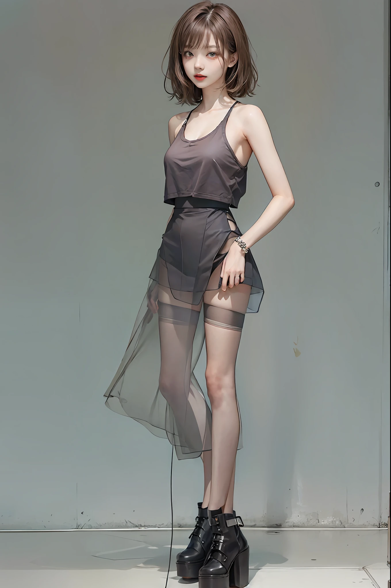 Top image quality、Raw photography、超A high resolution、An 18-year-old woman、Shooting for one person only、modelshoot、big round chest、cleavage of the breast、Wearing a tank top、Wearing a black skirt、Beautiful Eyes of Details、very elongated eyes、Beautiful eyelashes、Beautiful double eyelids、Gray walls、very slender legs、Shorthair with light brown hair、very slender physique、Very small buttocks