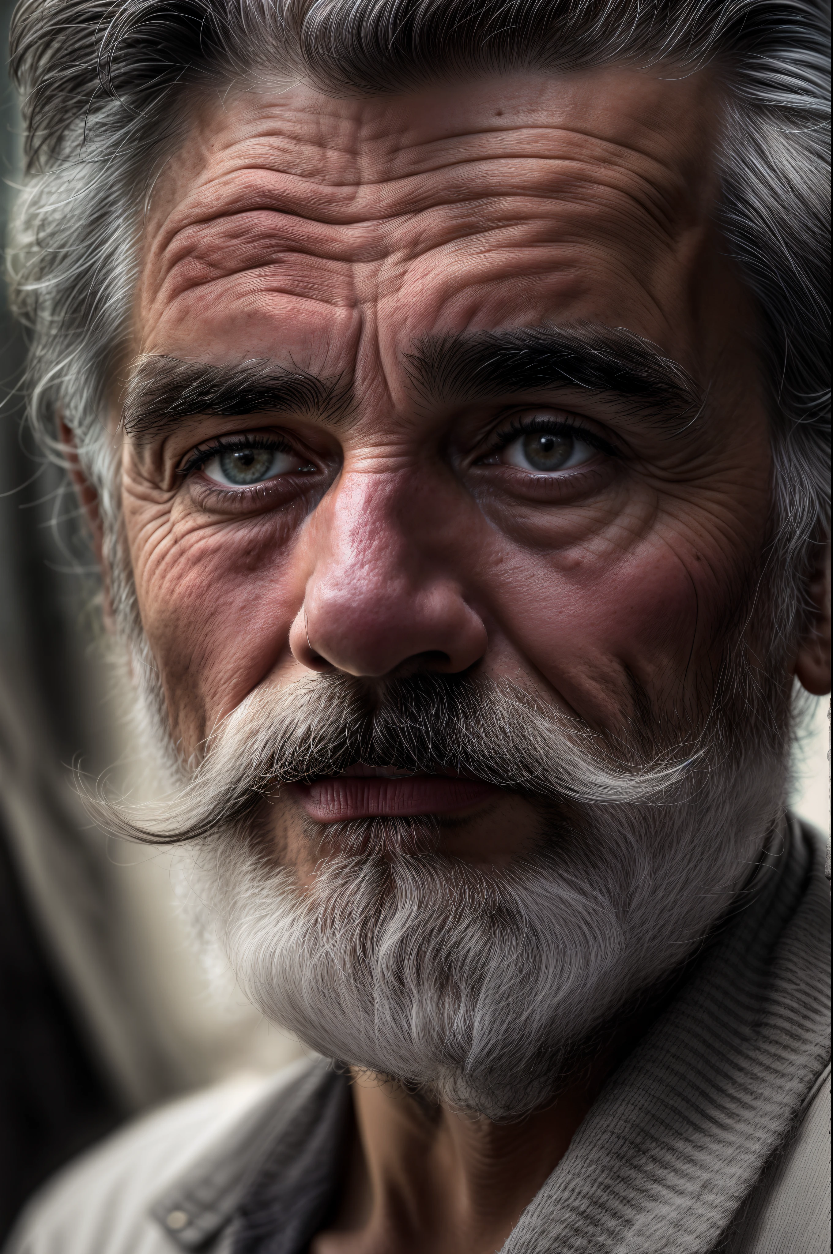 a close up of a man with a mustache and a moustache, old man portrait, dramatic portrait, gritty portrait, portrait photo of an old man, by Ibrahim Kodra, rugged face, close up portrait photo, wrinkled face, face of a man, emotive portrait, face portrait, by Nabil Kanso, dramatic portraiture of namenlos, black and white, ultra-realistic, photorealism, cinematic light, crystal clear image, photorealistic, Surrealism, 8k, super detail, Micro-details