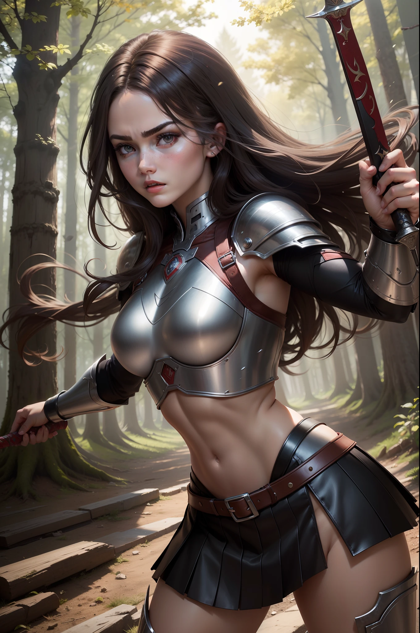 (8K,Photorealsitic Raw photography top-quality;1.4) (1girl in) Super beauty (Lifelike face) Muscular and macho female body (Brown hair long hair) Hold the sword correctly and hold it in front of you combat scene Metallic black and red armor Beautiful expression glareing (real looking skin) (Female Warrior) enticing 超A high resolution A hyper-realistic high detal fully body photo ln the forest