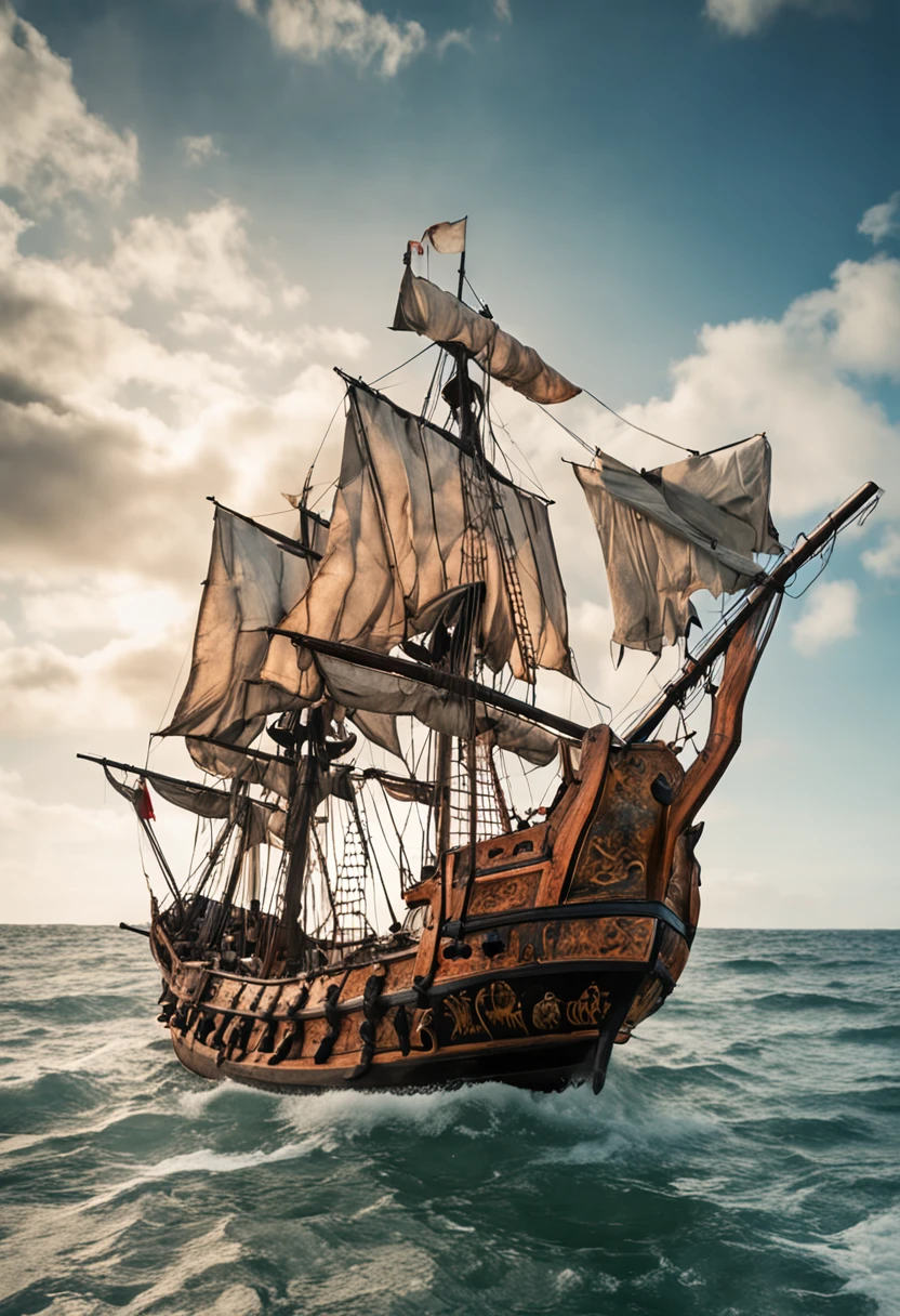 ((low view)), action scene, in motion, medium close-up shot of majestic sailship decorated with golden rococo ornamentation reminiscent of a desert nomad's dhow gracefully traverses a sea of sand dunes, ((dust rise from the sides of the ship)), ((sand dunes like waves, sand dust like water splashes)), white fancy sails, ((high sand dunes)), fog, dust, vivid blue and light yellow colors, a black pirate flag with a skull at the top of the mast, concept art, artstation,
photorealistic, epic, masterpiece, intricately detailed, natural lighting, volumetric lighting, sun rays