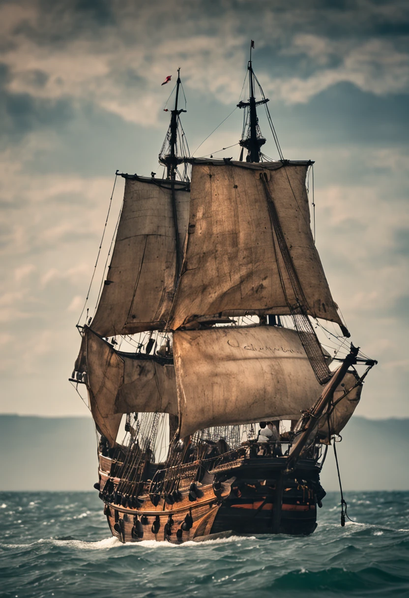 a sixteenth-century Portuguese vessel stopped at sea with crew, obra-prima, melhor qualidade, alta qualidade, papel de parede extremamente detalhado da unidade CG 8k, scenecy, Ao ar livre, heaven, nuvem, dia, caravela portuguesa, mar, tripulantes, fotografia premiada, Bokeh, profundidade de campo, HDR, flor, chromatic aberration, fotorrealista, extremamente detalhado, trending on ArtStation, trend at CGSociety, intrincado, alto detalhe, dramatic, arte no meio da jornada