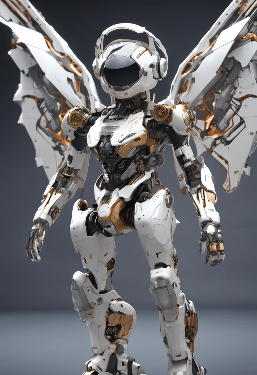Create a bot、The gesture of the arrival of the angel、Suspended in mid-air、facing at camera、Complete body,in a panoramic view、, With a charming smile, Trigger people's emotions, When you see him, top-quality、tmasterpiece、超A high resolution、(Photorealsitic:1.4)、RAW photo、Steampunk robot angel、Large wing made of metal、White porcelain body、whaite hair、glowy skin、Cyborg girl、((Super realistic details))、porate、The circular halo of time and gears is constantly rotating behind it、globalillumination、black shadows、octan render、8K、ultrasharp、Character edge light,Colossal tits、Raw skin is exposed in cleavage、Details of complex ornaments、Acrylic transparent cover、Sumerian details、Hydraulic cylinder、small led lights、highly intricate detail、Realistic light、a purple eye、Radiant eyes、Facing the camera、neon light detail、cow boy shot、Futuristic headgear、Floor plan about the《cyber punk perssonage》、Extra meticulous、future-tech、Faraway view、Full body photo、