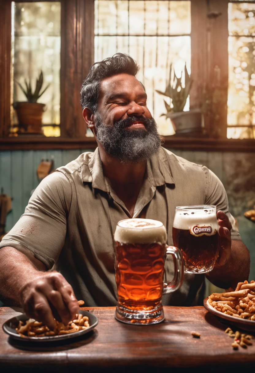 um homem obeso tomando cerveja de camisa vermelha