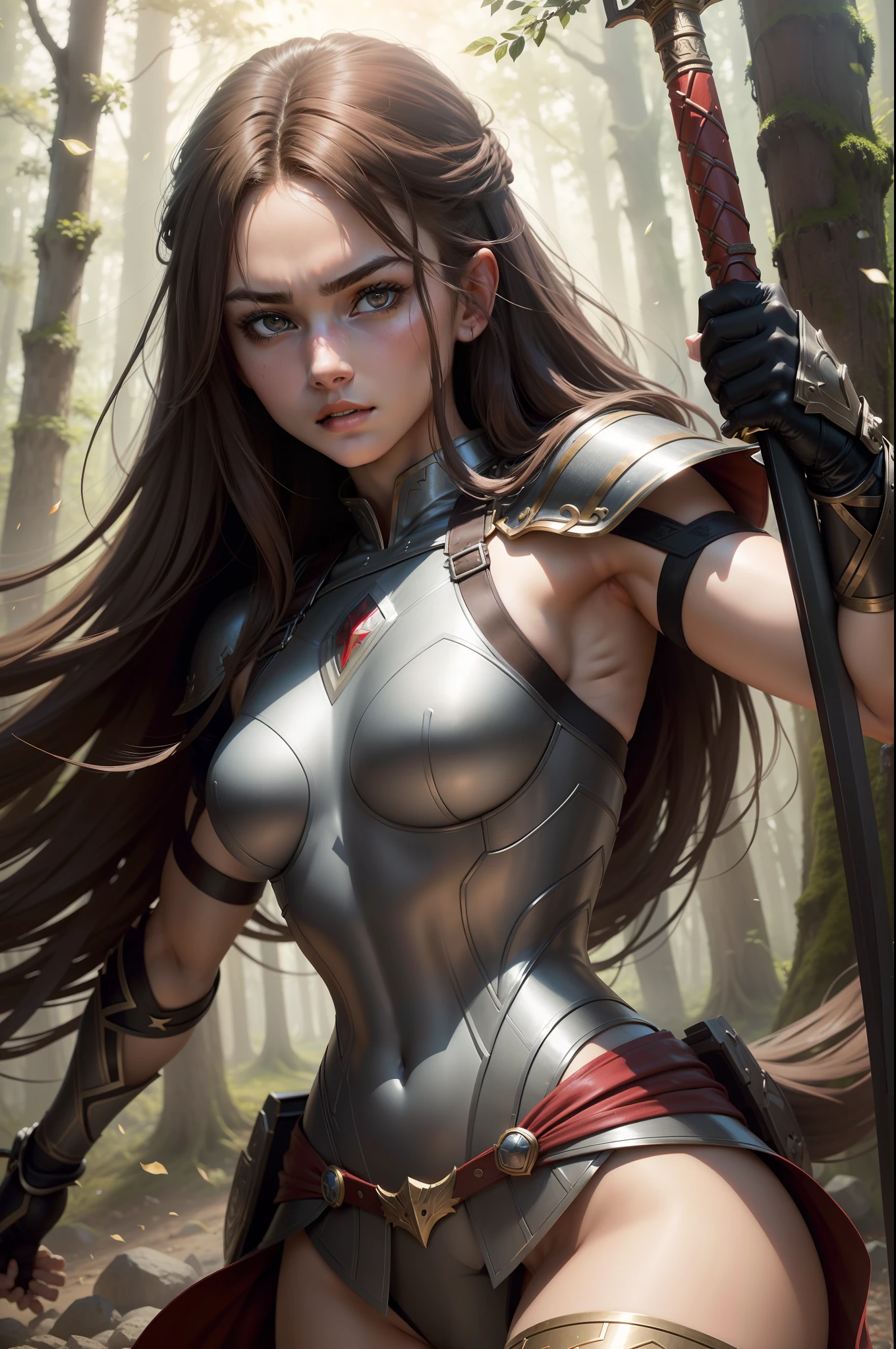 (8K,Photorealsitic　Raw photography　top-quality;1.4) 　(1girl in)　Super beauty　(Lifelike face)　Muscular and macho female body　(Brown hair long hair)　Hold the sword correctly and hold it in front of you　combat scene　Metallic black and red armor　Beautiful expression　glareing　(real looking skin)　(sorcerer)　enticing　超A high resolution　A hyper-realistic　high detal　fully body photo　ln the forest