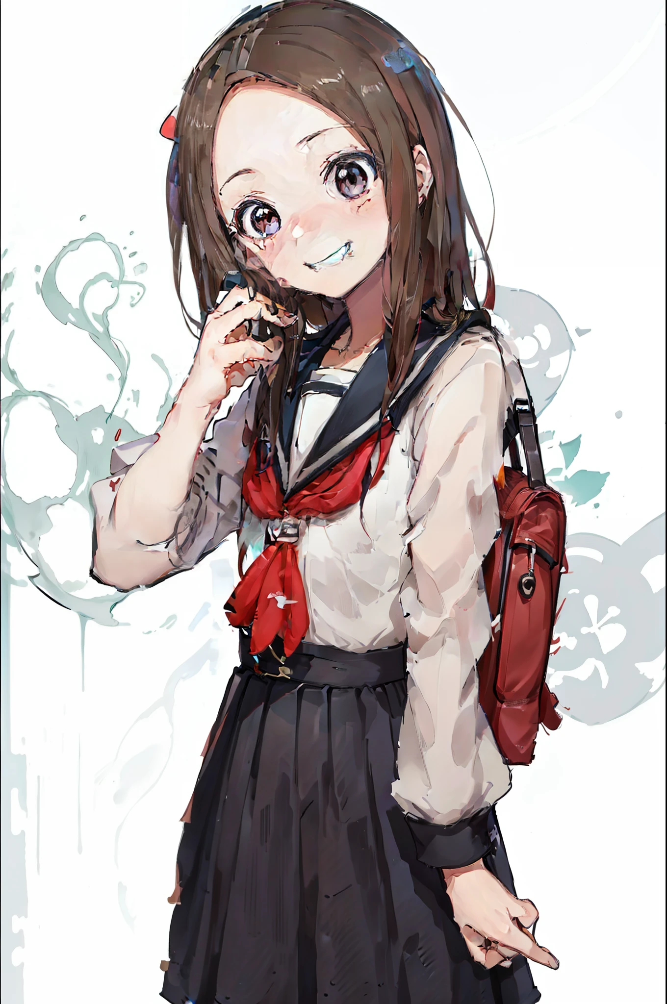 Teasing Master Takagi-san, cute idol aura, smoke effect, masterpieces, best quality anime 16k wallpaper, grin blushing face, body forward, camera from below, school bag, rainy background infront of house, wetted outfit, blinking pupil