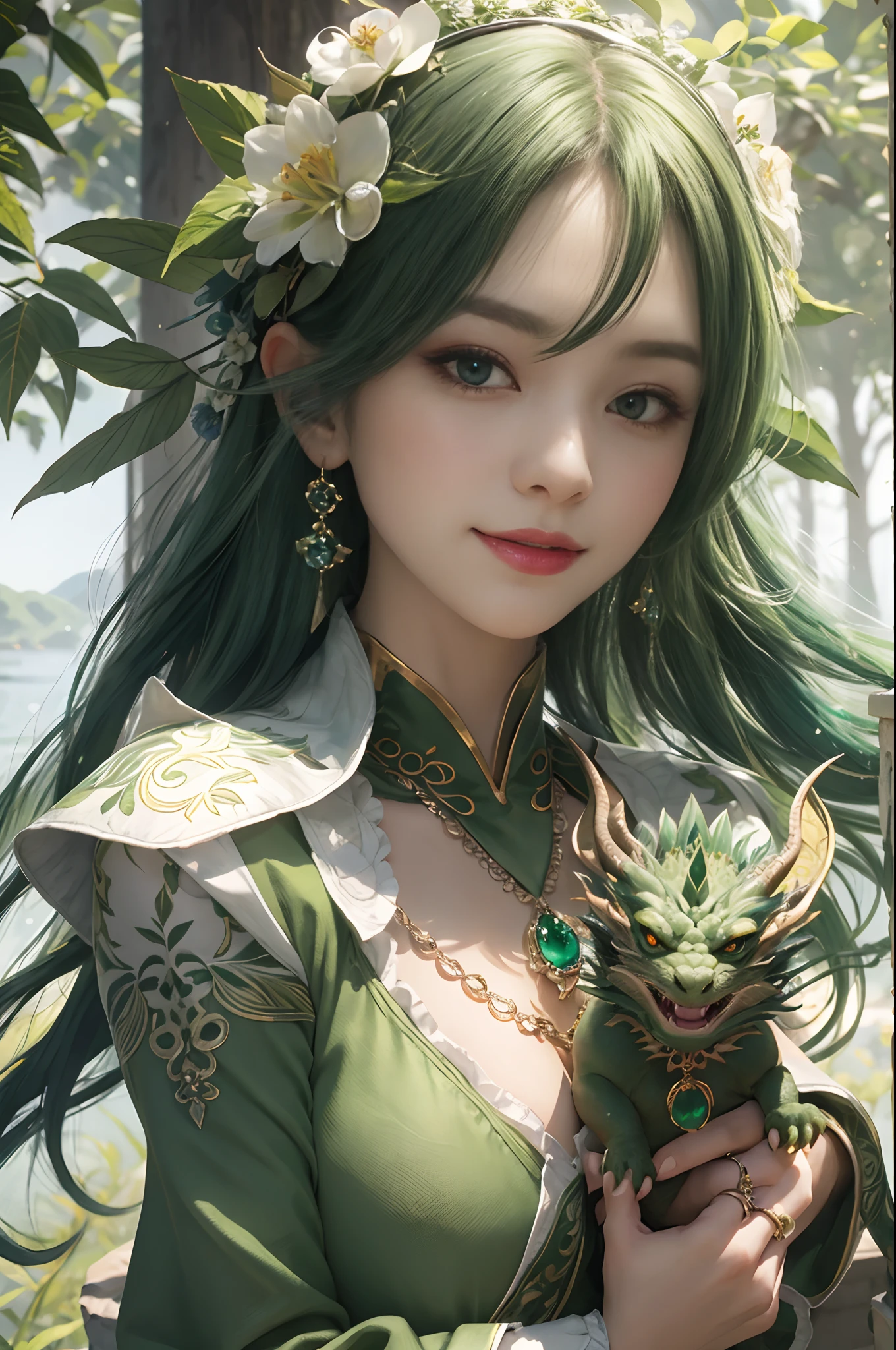 shenron_Real, (Very detailed CG Unity 8K wallpaper, masutepiece, Best Quality, super detailed, beautiful finely detailed eyes: 1.2), The best lighting, (Qi bangs), (Ring Finger Diamond Ring), (best shade, Extremely delicate and beautiful, Blooming), 1 rapariga,Japanese ido,beautiful smiling face, (1 girl: 1.4), large full breasts,Big ass,A slender,long beautiful hair,Solo, Emerald hair ornament, a necklace,Sexy Armor Dresses,Green stockings,high-heels,Ancient Forest,Absolutely beautiful lake,The best lighting,Look at viewers,dynamic ungle, (Holding a cute little dragon in your hands: 1.4),(It blooms with a large number of green flowers),