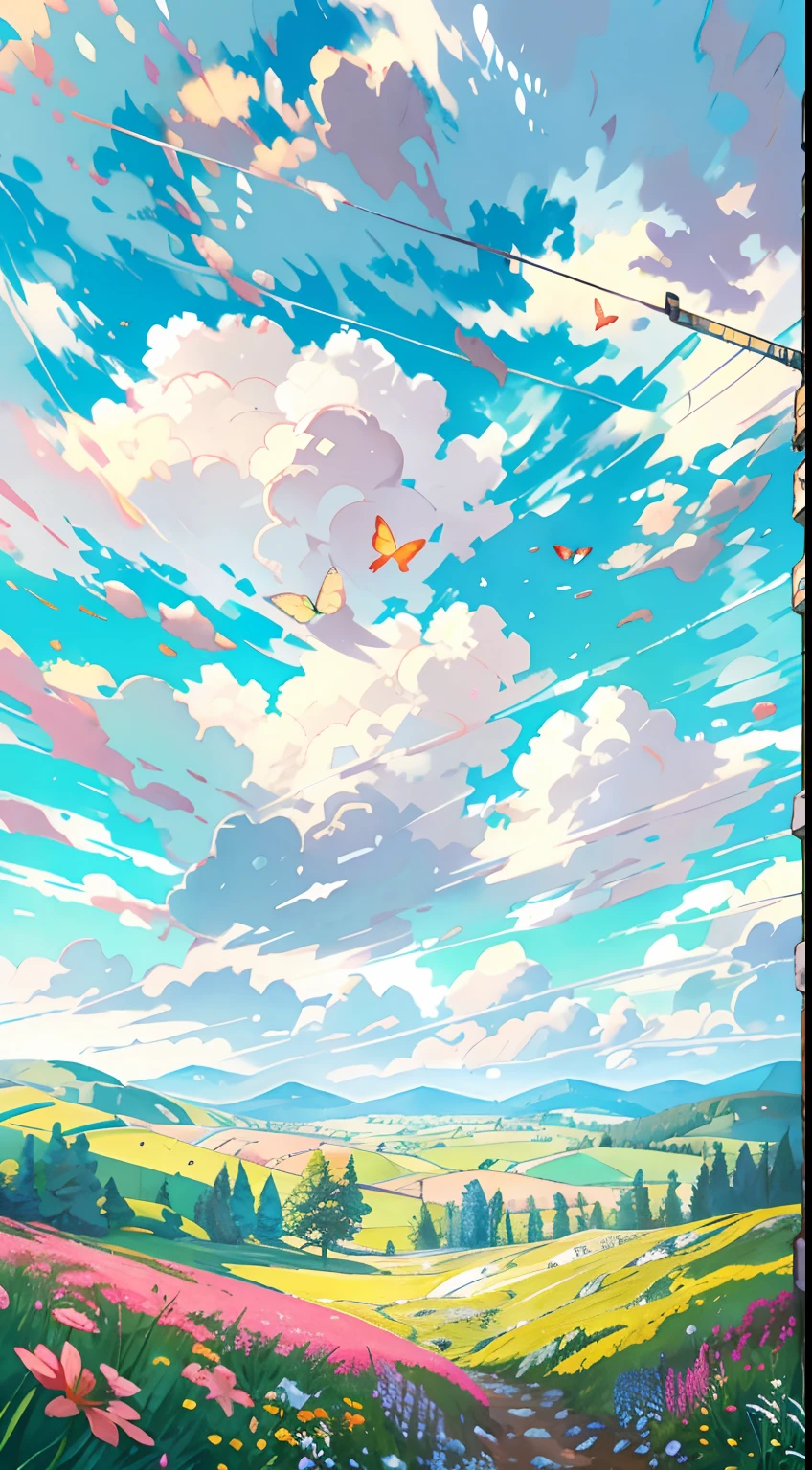 (from below, the sky above, open fields below), blue sky, white clouds, sun, sunlight, fields, mountains, forest, butterfly, meadows, flowers, wind, sunshine, (dynamic composition: 1.4), rich detail, rich in color, (luminous, atmospheric lighting), dreamy, magical,