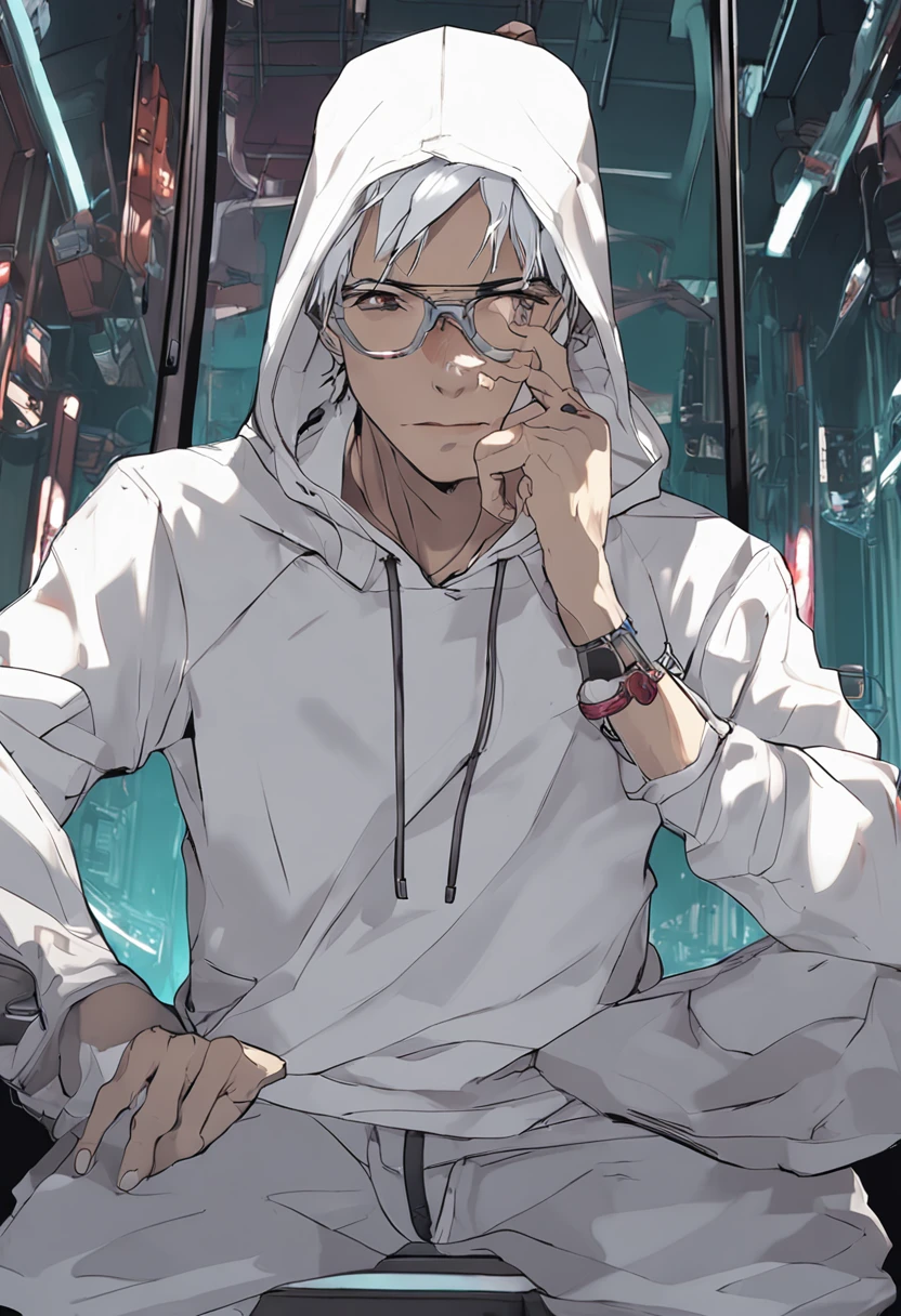 Gray-haired Japanese anime youth,Wearing VR glasses,, White hoodie, White shorts, No tattoos, Not bearded 