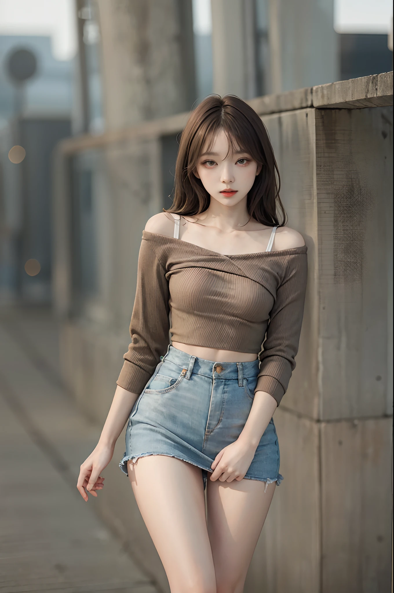 Top image quality、Raw photography、超A high resolution、An 18-year-old woman、Shooting for one person only、modelshoot、big round chest、cleavage of the breast、tshirts、Wearing a black skirt、Beautiful Eyes of Details、very elongated eyes、Beautiful eyelashes、Beautiful double eyelids、Black walls、very slender legs、Shorthair with light brown hair、very slender physique、Very small buttocks