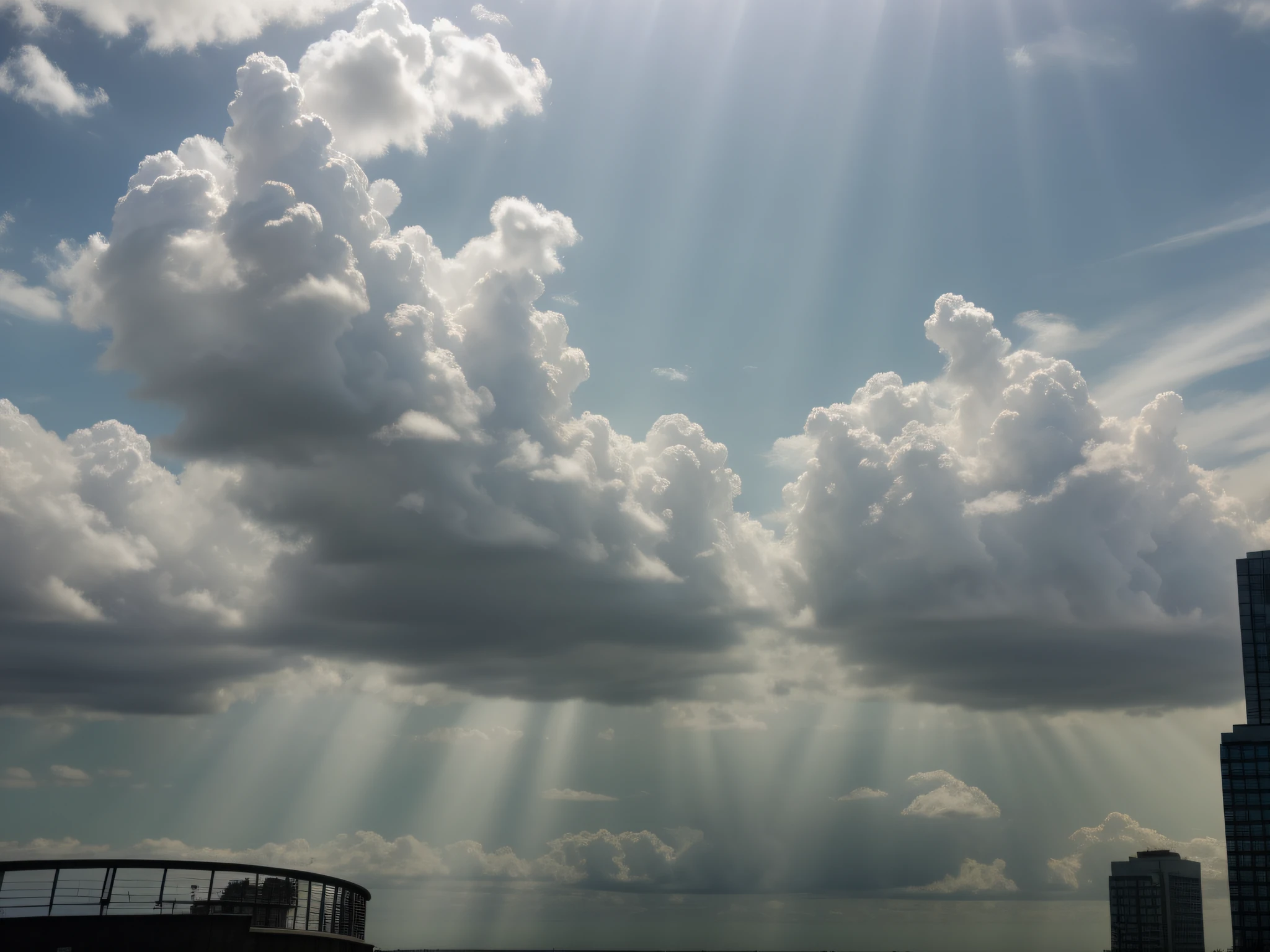 There are a lot of clouds, with backdrop of god rays, glistening clouds in background, visible sky and humid atmosphere, clouds visible, visible sky and sunny atmosphere, cloudy weather, large clouds visible, mostly cloudy sky, Big clouds visible, panorama view of the sky, clouds in the background, light and clouds, cool skydome