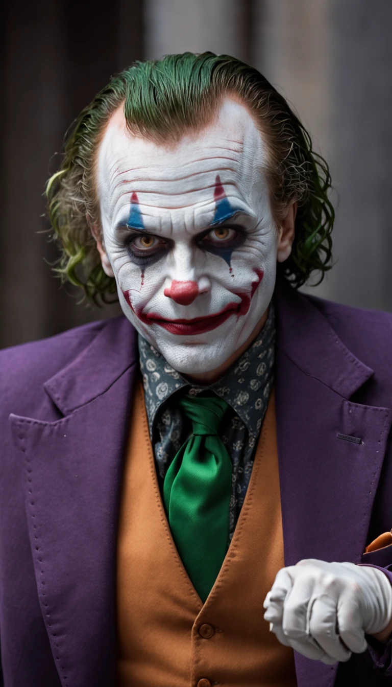 (8k, RAW photo, best quality, masterpiece:1.2), ultra detailed, official art, photo-realistic:1.37, upper body shot, DC Joker, film grain, action pose