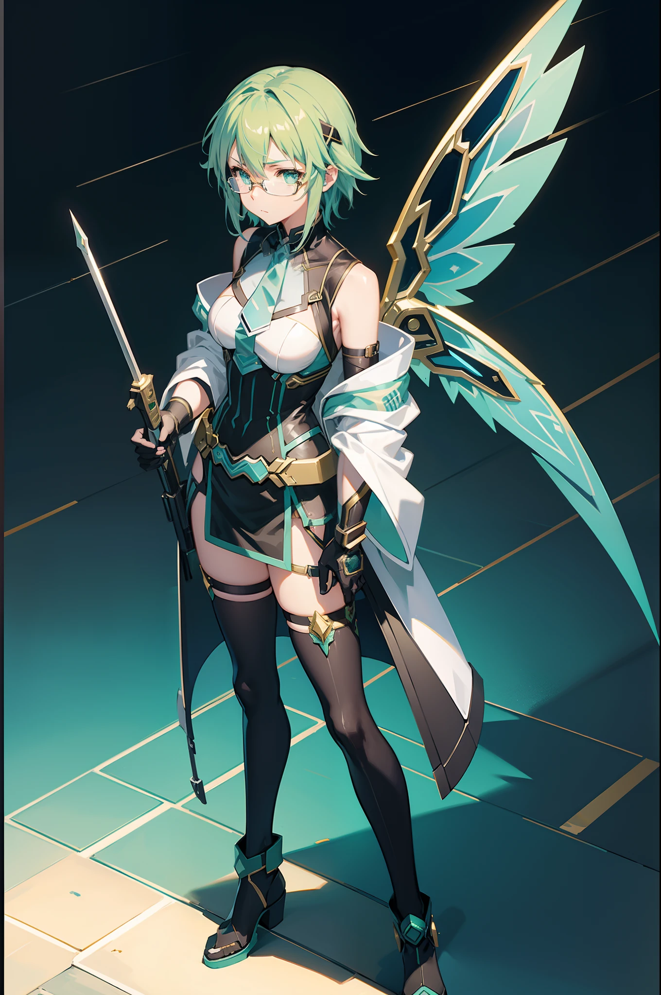 sword art online asada sinon, large fairy wings, gold glasses, masterpieces, best quality anime 16k wallpaper, cyberpunk virtual background, sniper aura, bullet effect