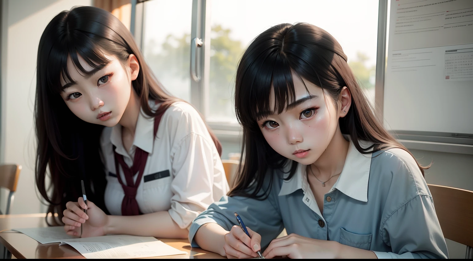lying on their desks,brunette color hair,Qi bangs,Wear a school uniform,weeping
