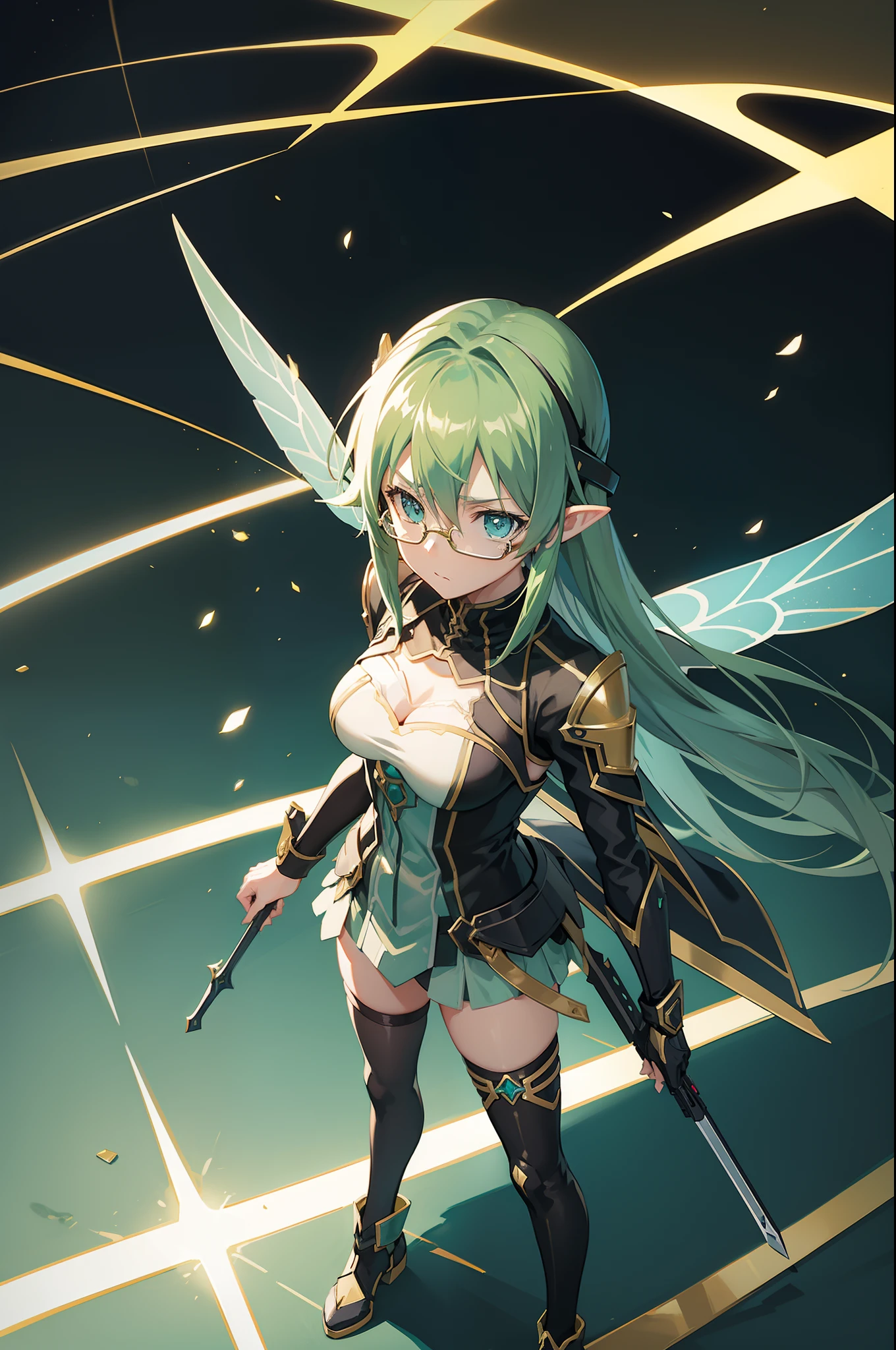 sword art online asada sinon, large fairy wings, gold glasses, masterpieces, best quality anime 16k wallpaper, cyberpunk virtual background, sniper aura, bullet effect