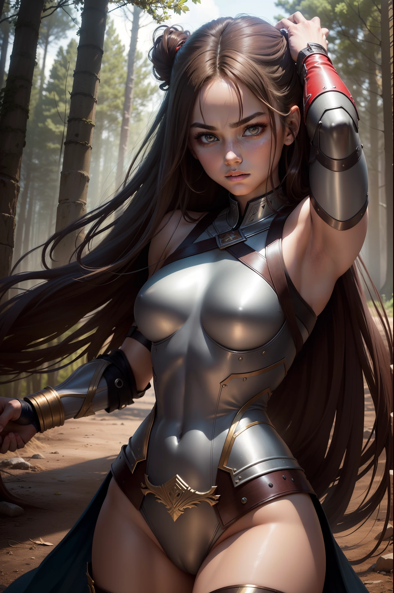 (8K,Photorealsitic　Raw photography　top-quality;1.4) 　(1girl in)　Super beauty　(Lifelike face)　Muscular and macho female body　(Brown hair long hair)　Hold the sword correctly and hold it in front of you　combat scene　Metallic black and red armor　Beautiful expression　glareing　(real looking skin)　(Female Warrior)　enticing　超A high resolution　A hyper-realistic　high detal　fully body photo　ln the forest