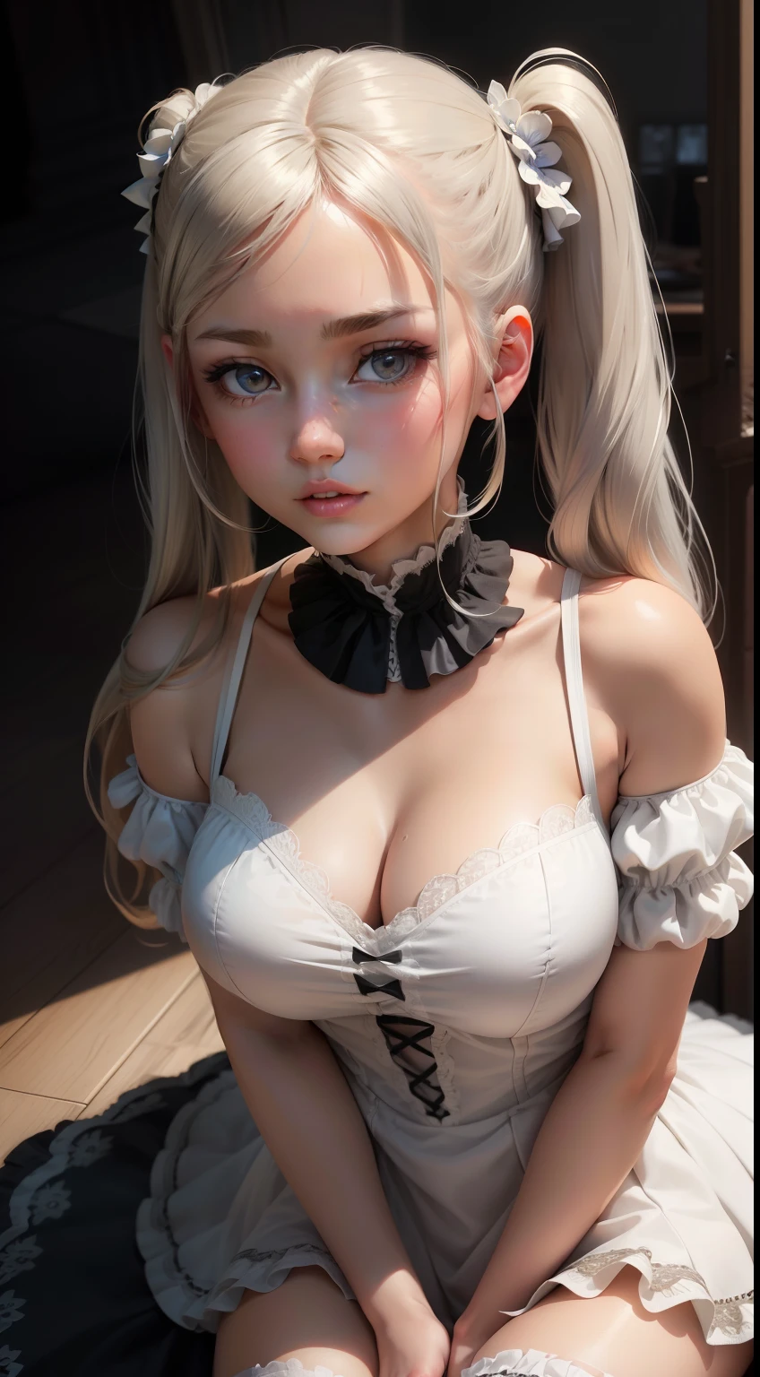 full-body shot, Weiblich, drall, kurvig, niedlich, Bulk beziffert, Beautiful face, , cute and cute face, detailliertes Gesicht, white skin, Mini dress with floral pattern and ruffles, lange Beine, High-heeled stilettos, long white stockings,brunette hair, Absolut sehr langes, glattes Haar, Twin Tails Frisur, Freundliches Gesicht, Blick auf den Betrachter, (Comic-Stil), (Meisterwerk), (best quality), (Ultra-High-Res), (8k resolution), (Ultra-detailliert), (Raytracing),