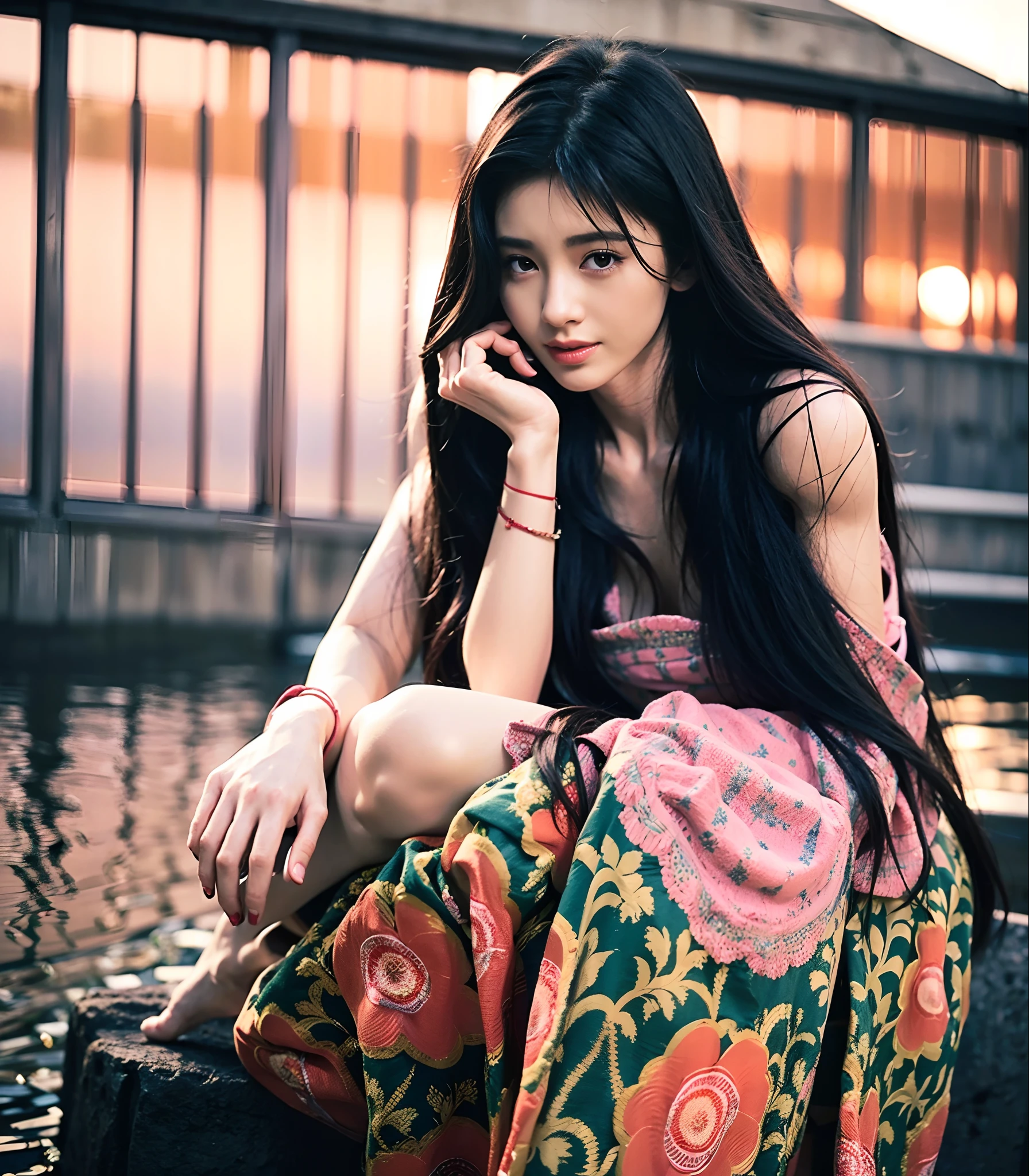 Masterpiece, Best quality, vibrant detail, 1girll, Pink eyes, Long hair, Black hair, the wallpaper, (Realistic, photo-realistic:1.37),Amazing, finedetail, (Grapefruit in front), (Temple in the background), Sitting, red kimono, Medium breasts, Topless, arms back behind, water, Sunset, hair adornments,