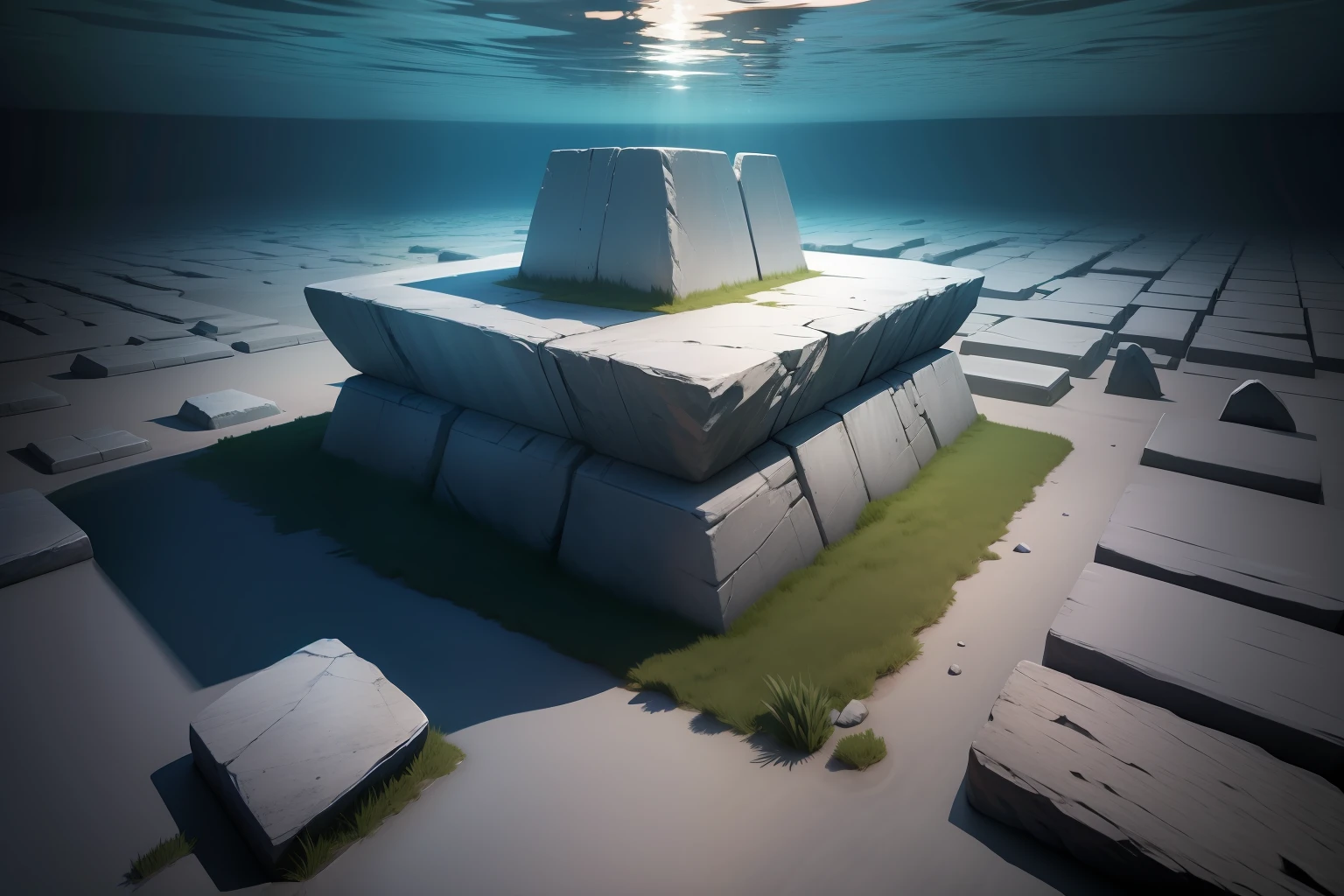 High quality, Square megaliths on the seabed、animations, landscape