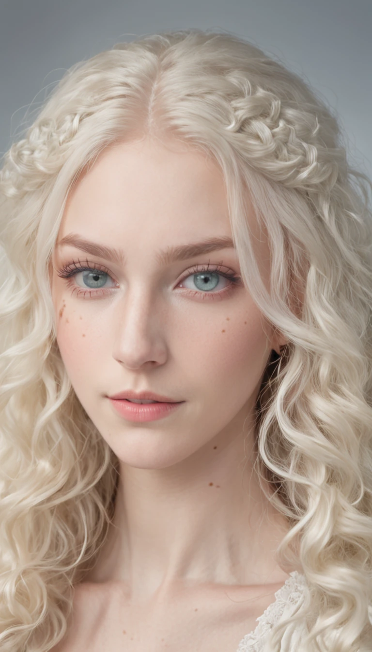 Long white-blond curly hair，White  girl，Light blue eyes，There are two freckles on the left cheek，Wearing a dark green robe，with fair and smooth skin，The eyes are large，The chest is large，The hair was long，Thin and tall，Delicate braided hair，adiamondnecklace，Silver earrings，Tremendously beautiful